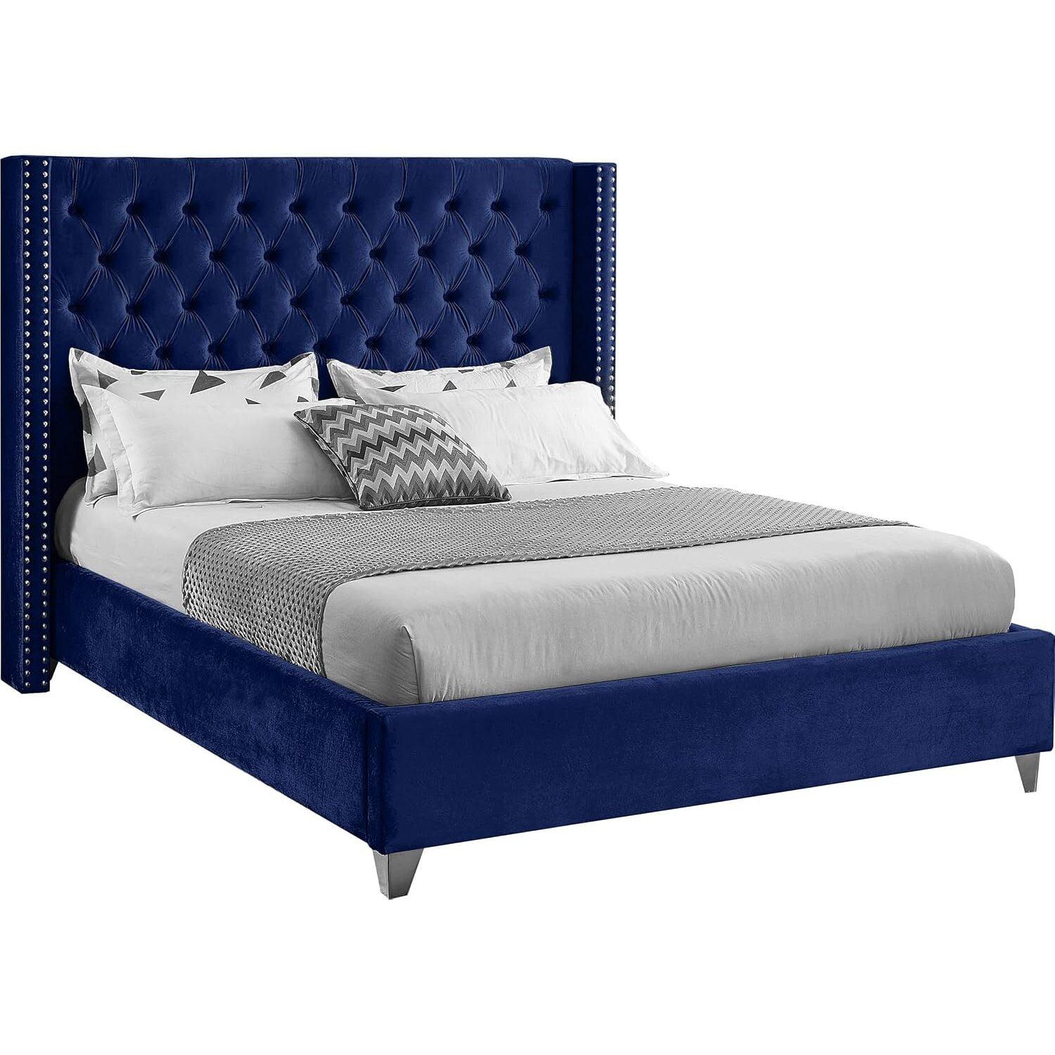 Meridian Furniture Aiden Velvet Queen Bed-Color:Navy Velvet,Style:Contemporary