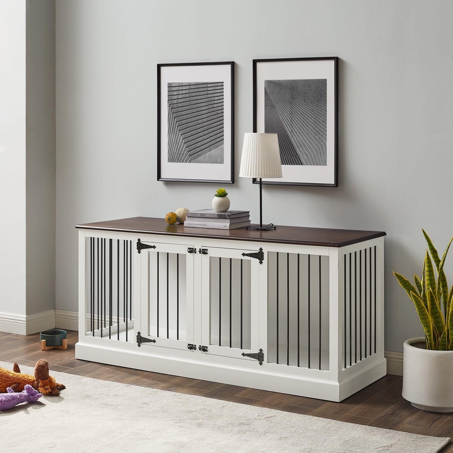 Crosley Winslow Credenza Pet Crate-Color:White/Dark Brown,Size:Medium