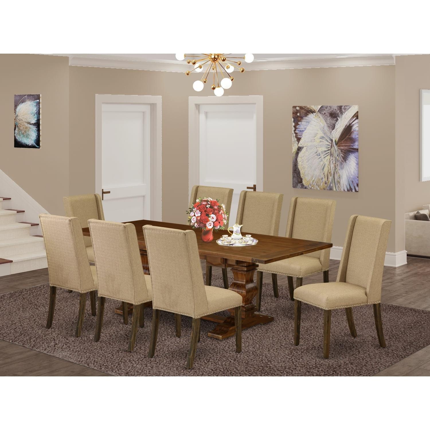 Maykoosh Vintage Visions 9-Piece Dining Set With ChairS Legs And Dark Khaki Linen Fabric Dining Room Chairs Set Of 8 And Wooden Table - Antique Walnut And Distressed Jacobean Finish