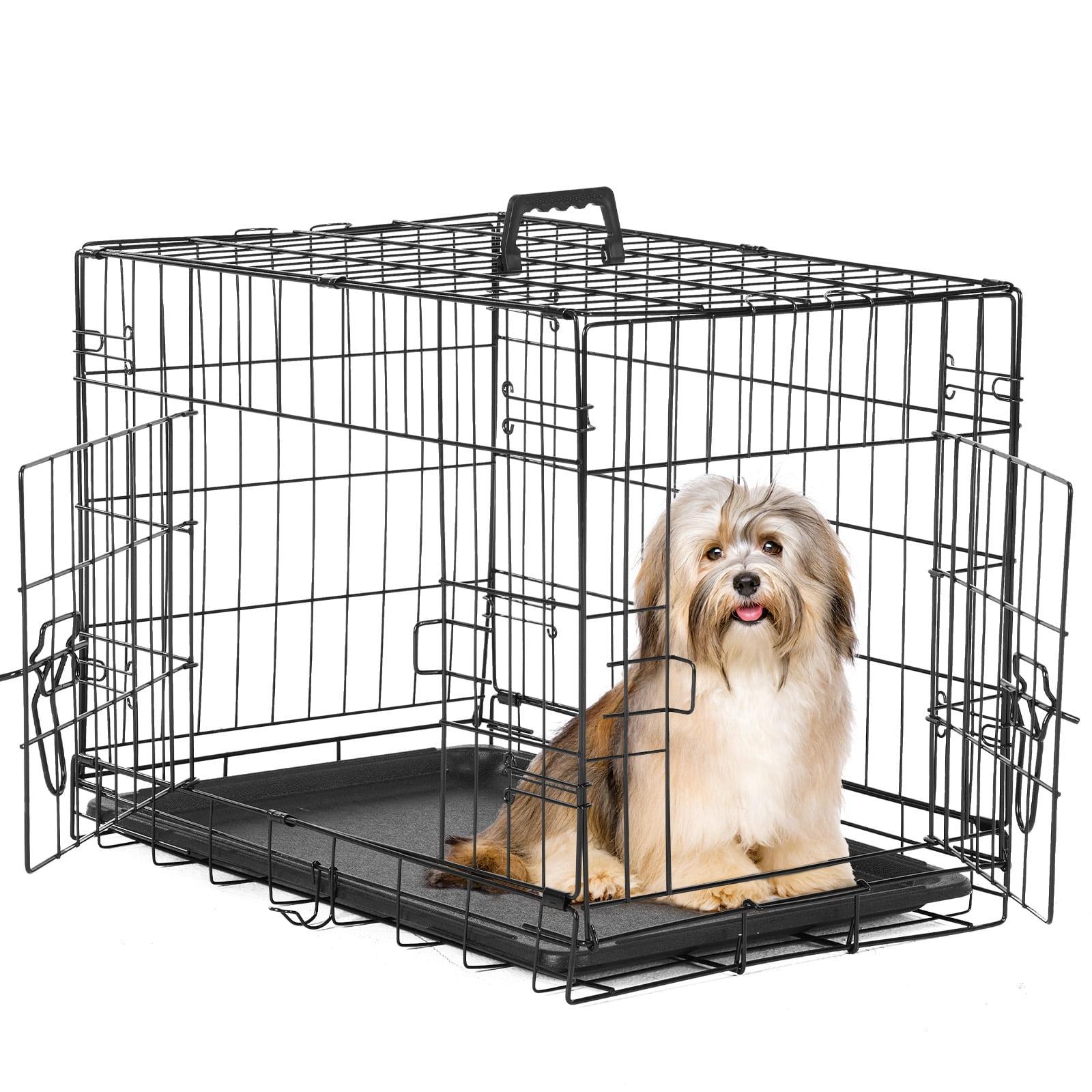 EDX Small Dog Crate with Divider Panel, 24" Double Door Folding Metal Wire Dog Cage with Plastic Leak-Proof Pan Tray