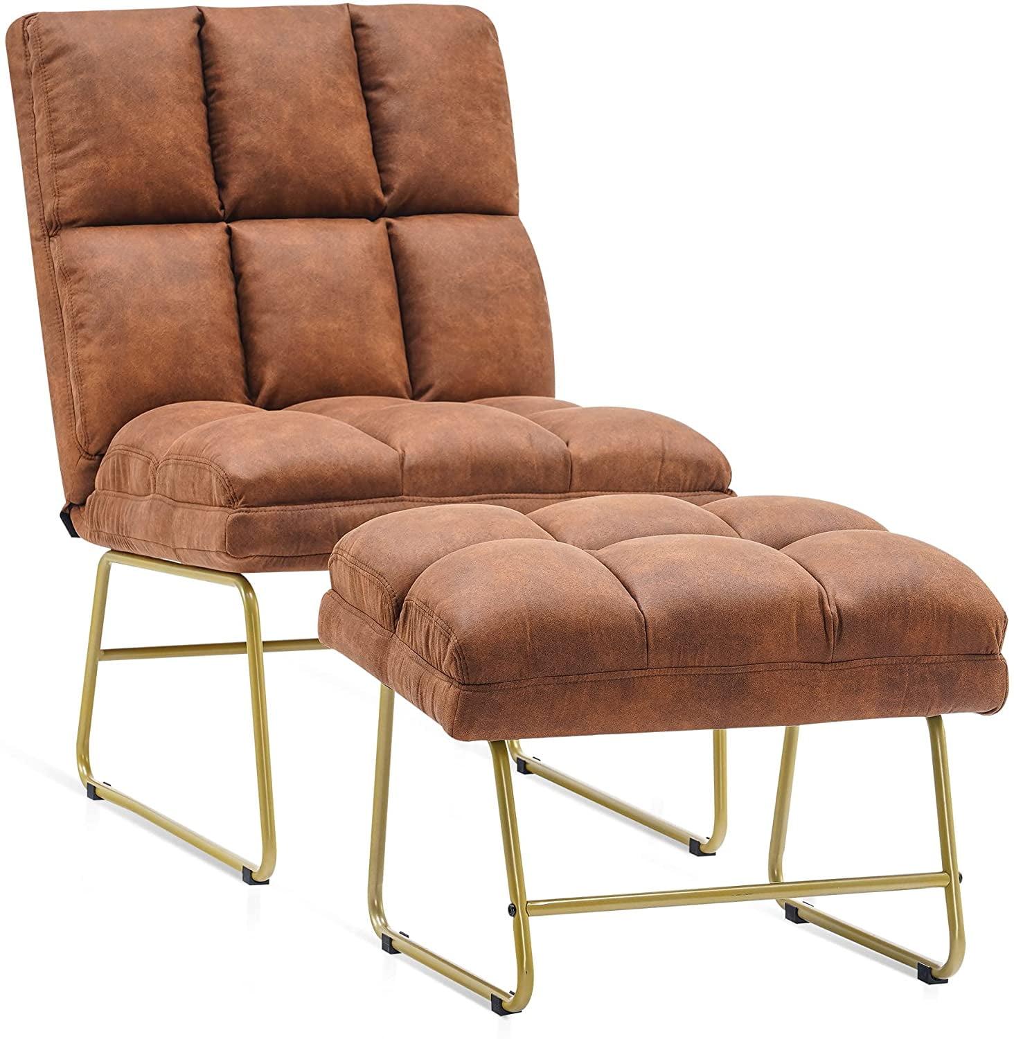 Saddle Faux Leather Accent Chair with Ottoman and Metal Legs