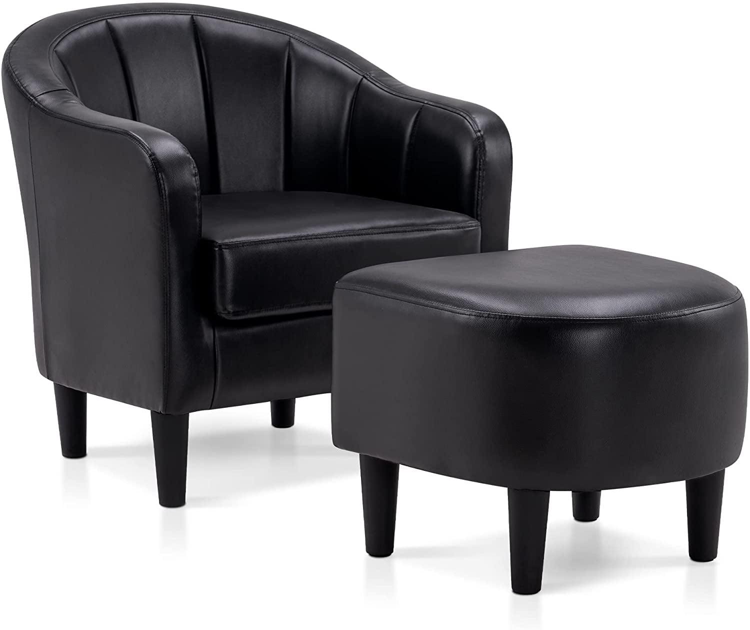 Modern Black Leather Barrel Accent Chair with Metal Legs