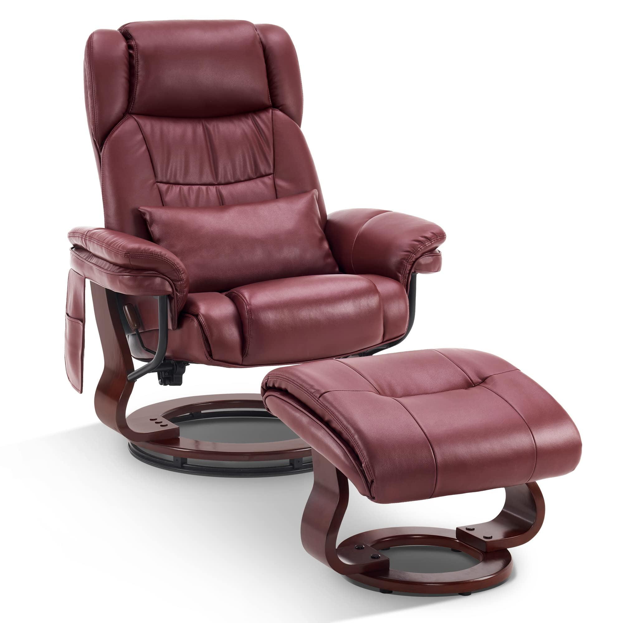 Burgundy Faux Leather Swivel Recliner with Massage Ottoman