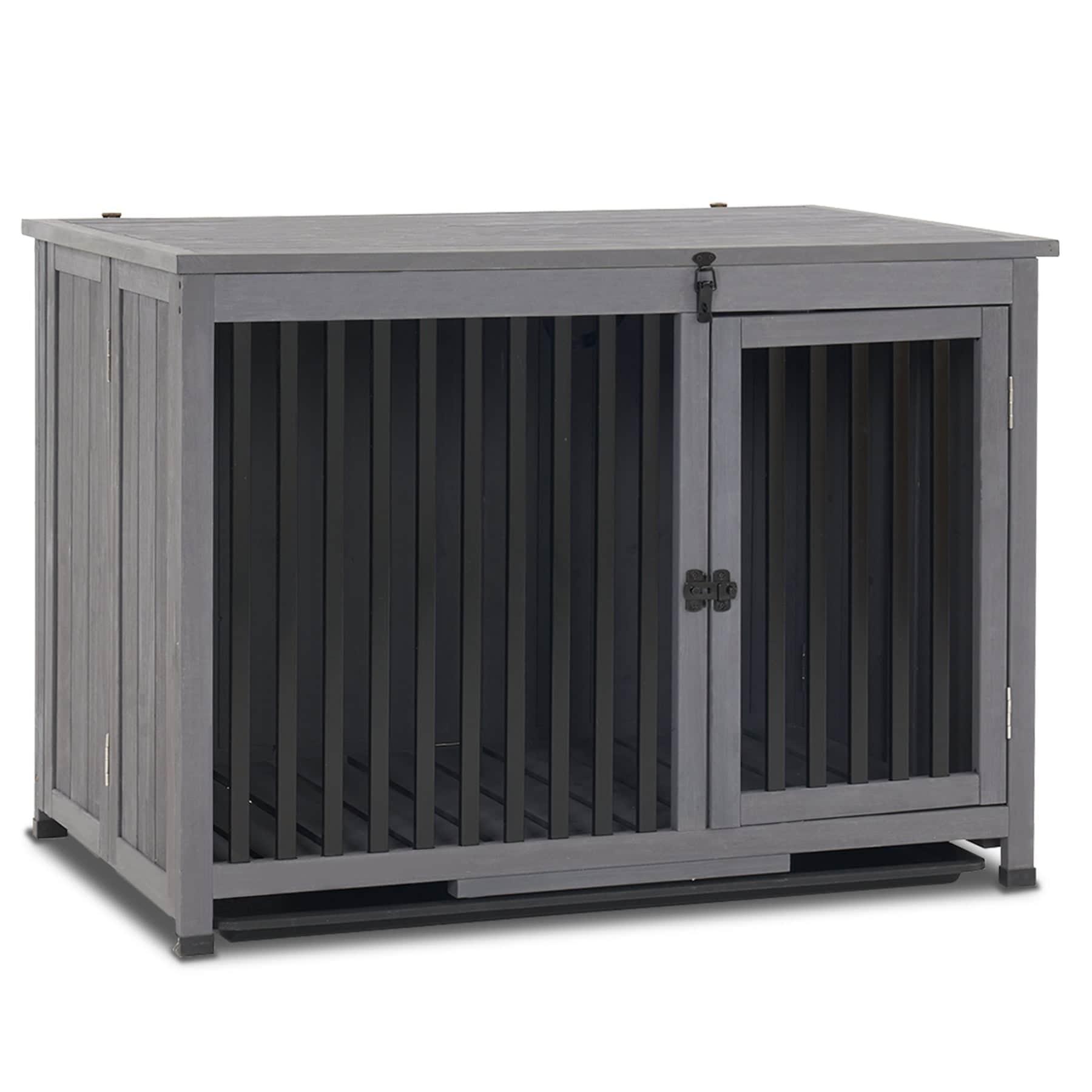 Mcombo Wooden Dog Crate Furniture End Table with Door, No Assembly Portable Foldable Pet Crate Dog Kennel Indoor with Removable Tray (Large, Grey), 0650
