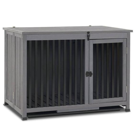 Mcombo Wooden Dog Crate Furniture End Table with Door, No Assembly Portable Foldable Pet Crate Dog Kennel Indoor with Removable Tray (Large, Grey), 0650