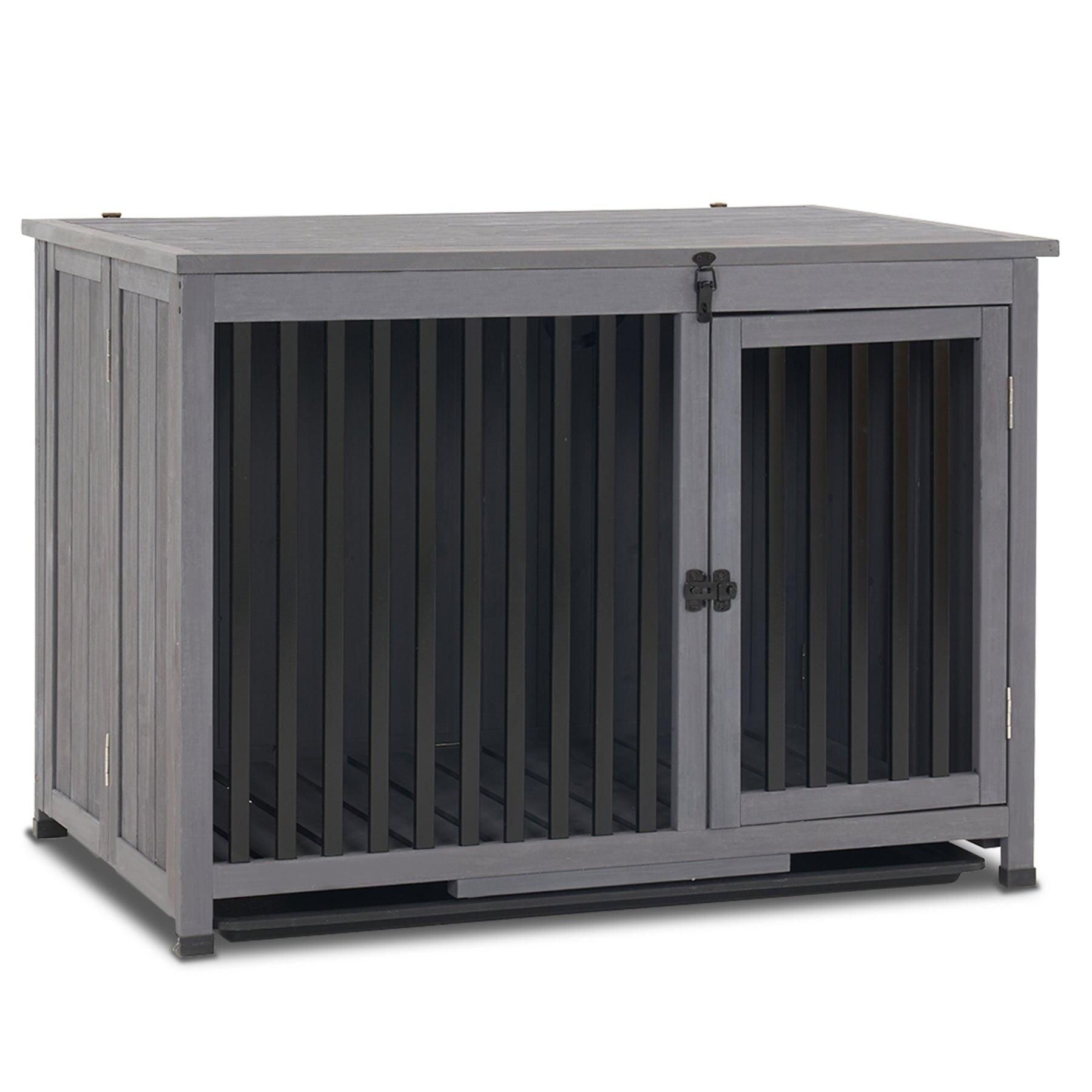 Mcombo Wooden Dog Crate Furniture End Table with Door, No Assembly Portable Foldable Pet Crate Dog Kennel Indoor with Removable Tray (Large, Grey), 0650