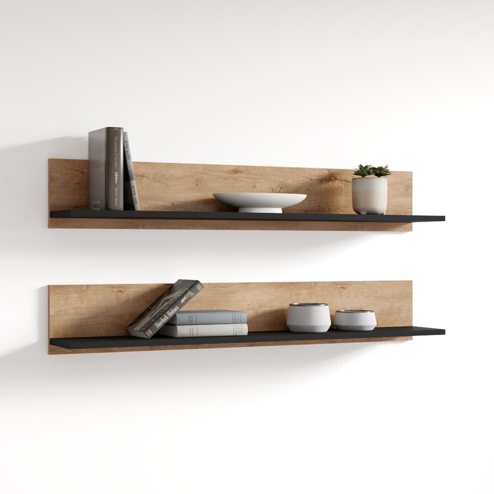 Oak and Black Wall-Mounted Floating Shelf Set