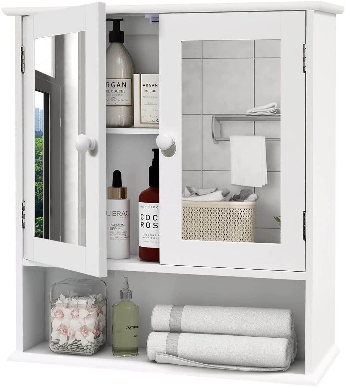 Medicine Cabinet, Medicine Cabinets For Bathroom With Mirror 2 Doors 3 Open Shelf, Bathroom Cabinet Wall Mounted Wooden Storage Over Toilet Laundry Room Kitchen