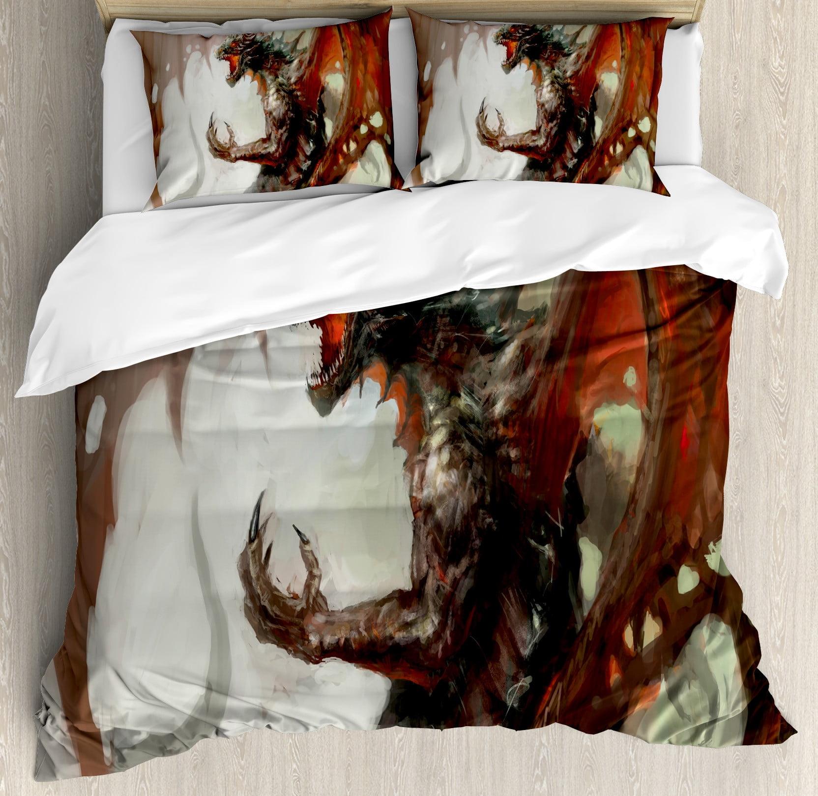 King Size Grey Red Dragon Mythological Duvet Cover Set