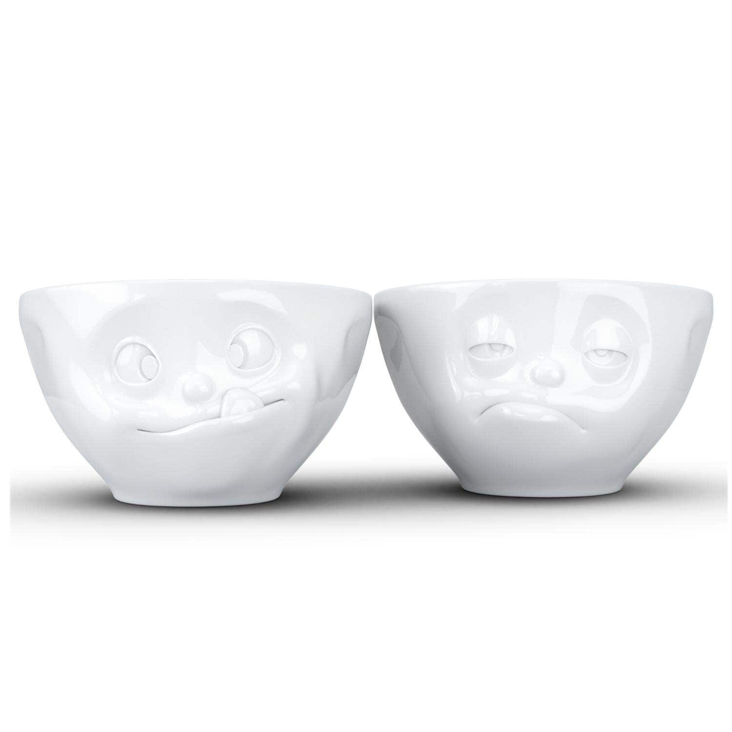 White Ceramic Medium Bowls with Tasty and Snoozy Faces