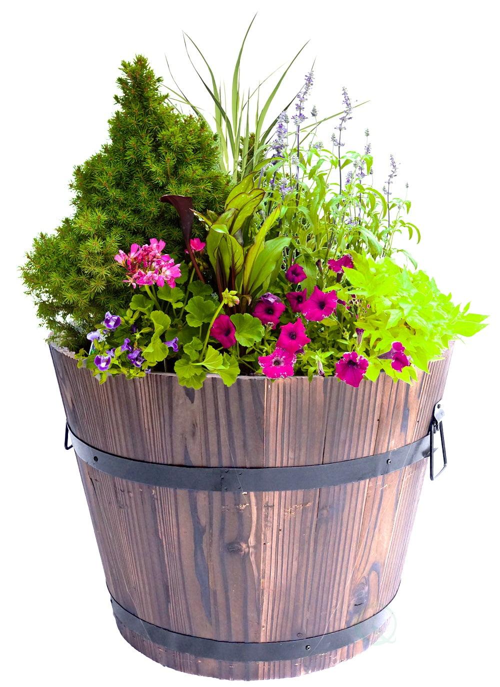 Gardenised Rustic Wooden Whiskey Barrel Planter with Durable Medal Handles and Drainage Holes - Perfect for Indoor and Outdoor Use