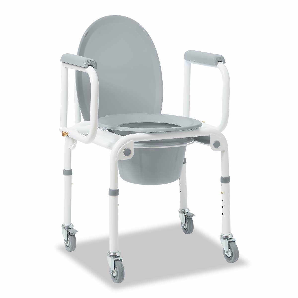 Gray Steel Drop Arm Commode with Wheels and Padded Seat