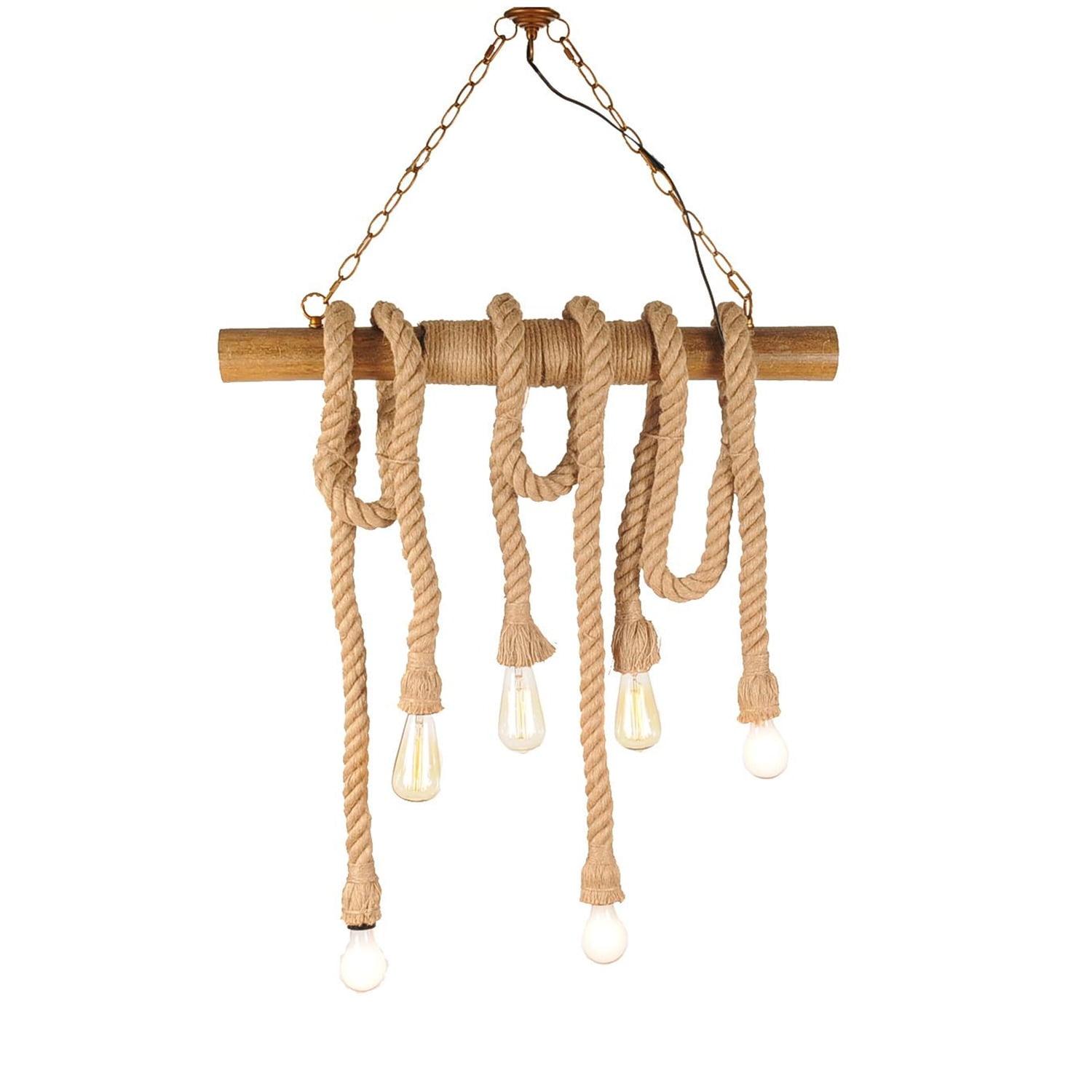 Rustic Brown Rope and Bamboo 6-Light Pendant Lamp