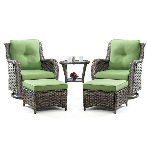 MeetLeisure 5 Pieces Outdoor Furniture Patio Furniture Set with Two Swivel Rocking Chairs,Two Ottomans, One Side Table, Green