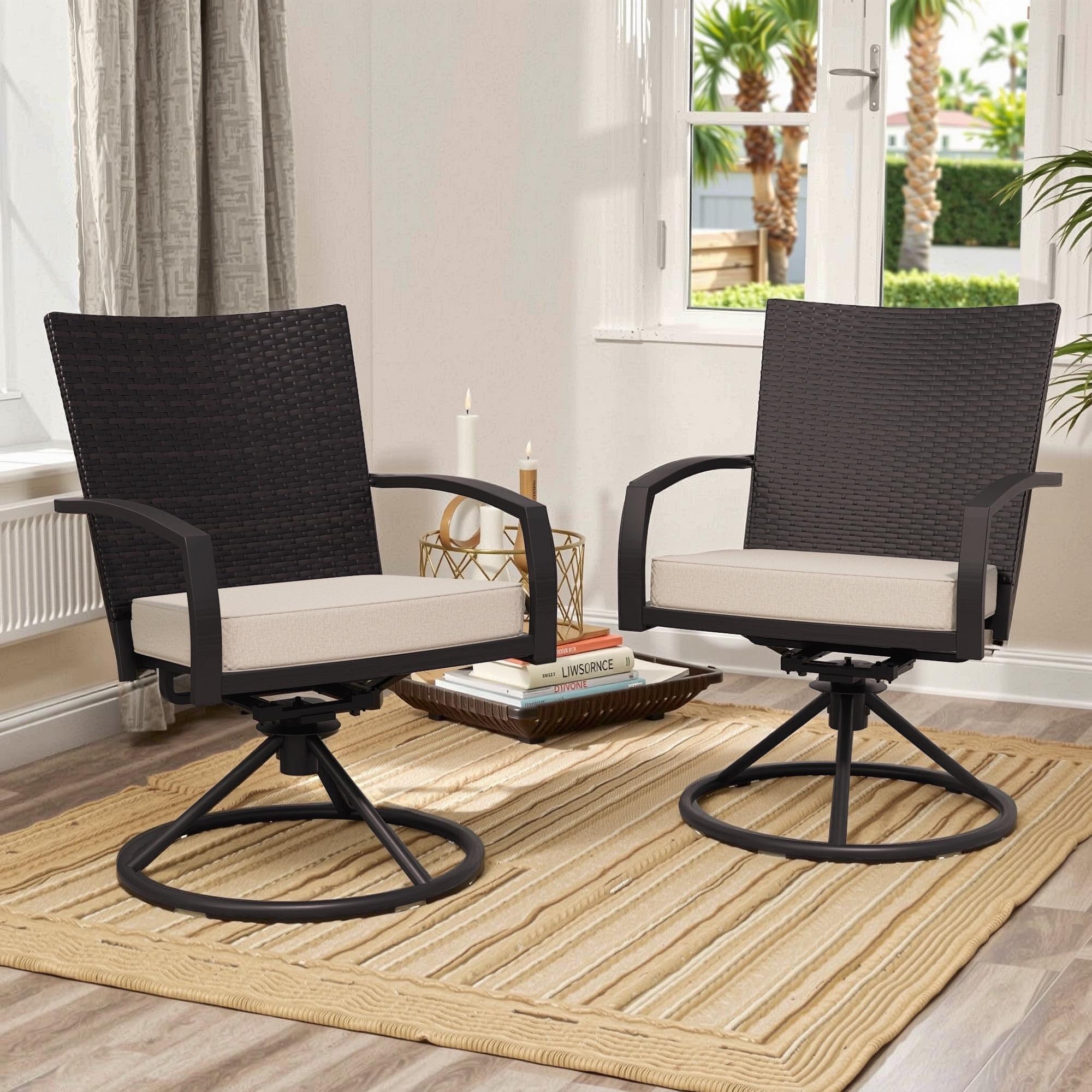 Beige Cushioned Black Metal Rattan Swivel Patio Dining Chairs (2-Pack)