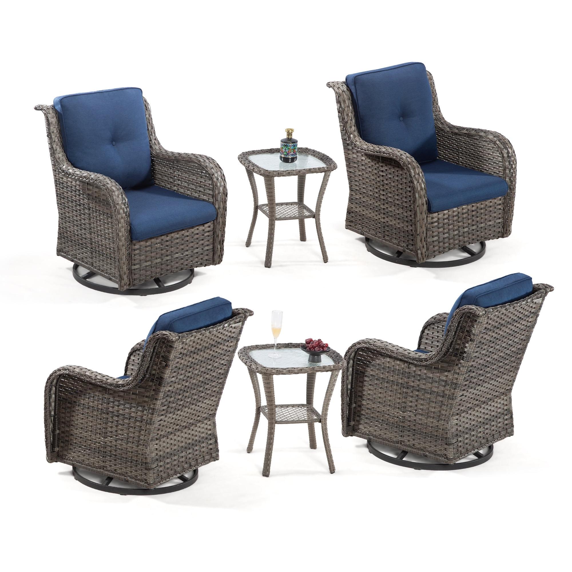 Blue Cushioned 4-Person Steel Wicker Patio Set with Swivel Rocking Chairs