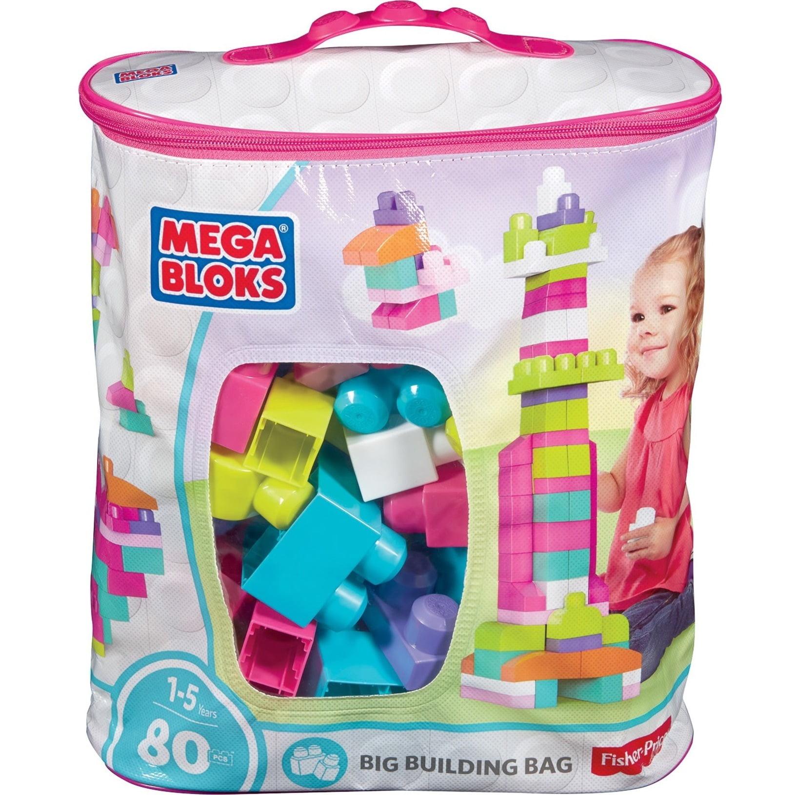 MEGA BLOKS Fisher-Price Toy Blocks Big Building Bag with Storage (80 Pieces) for Toddler, Pink