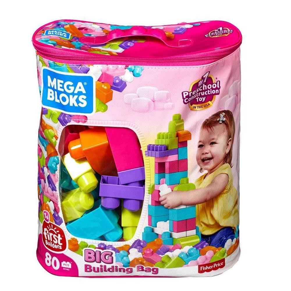 MEGA BLOKS Fisher-Price Toy Blocks Big Building Bag with Storage (80 Pieces) for Toddler, Pink
