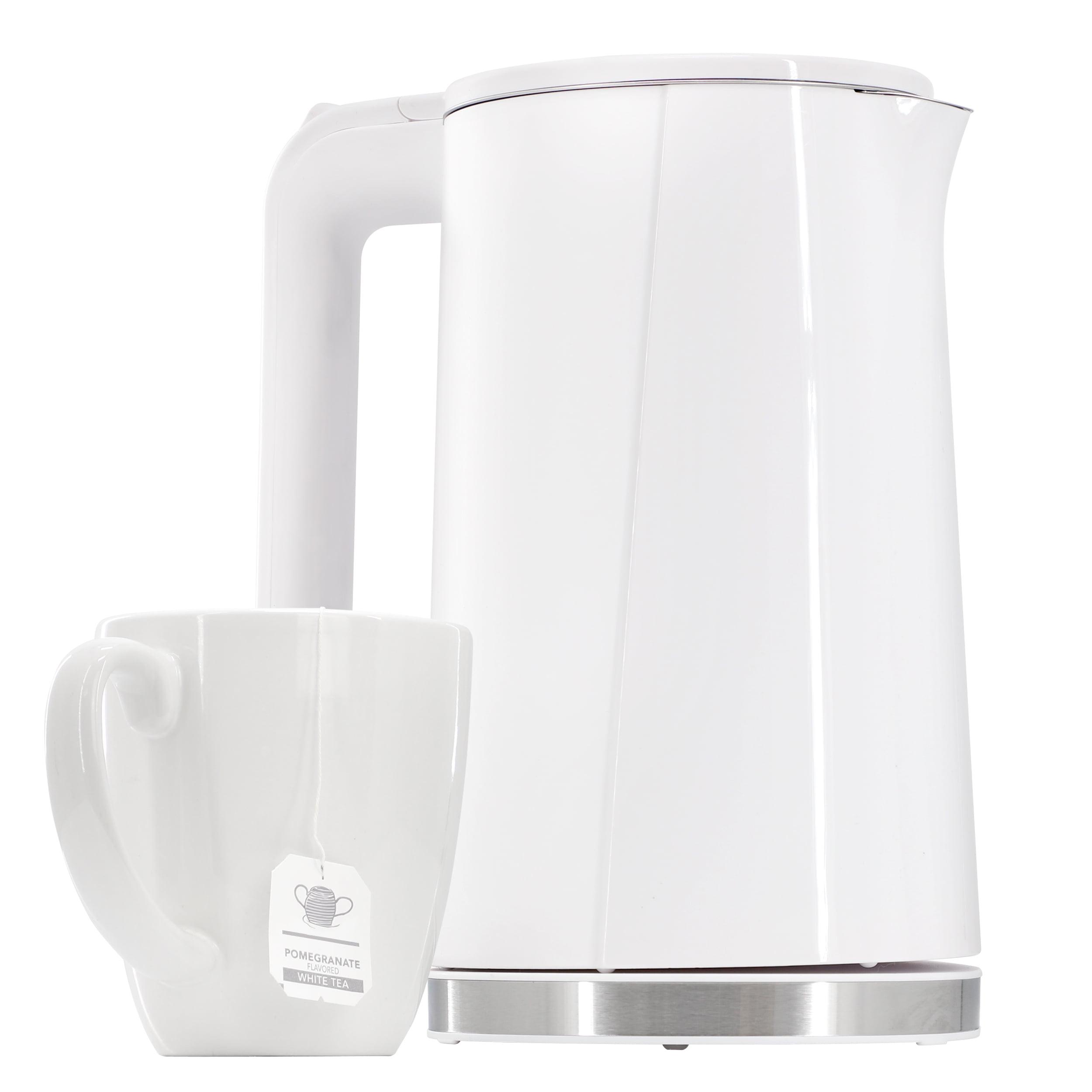 MegaChef 1.7L Double Wall Stainless Steel Electric Tea Kettle White: 90-Day Warranty, 1000W, Hand Wash, Plastic Handle