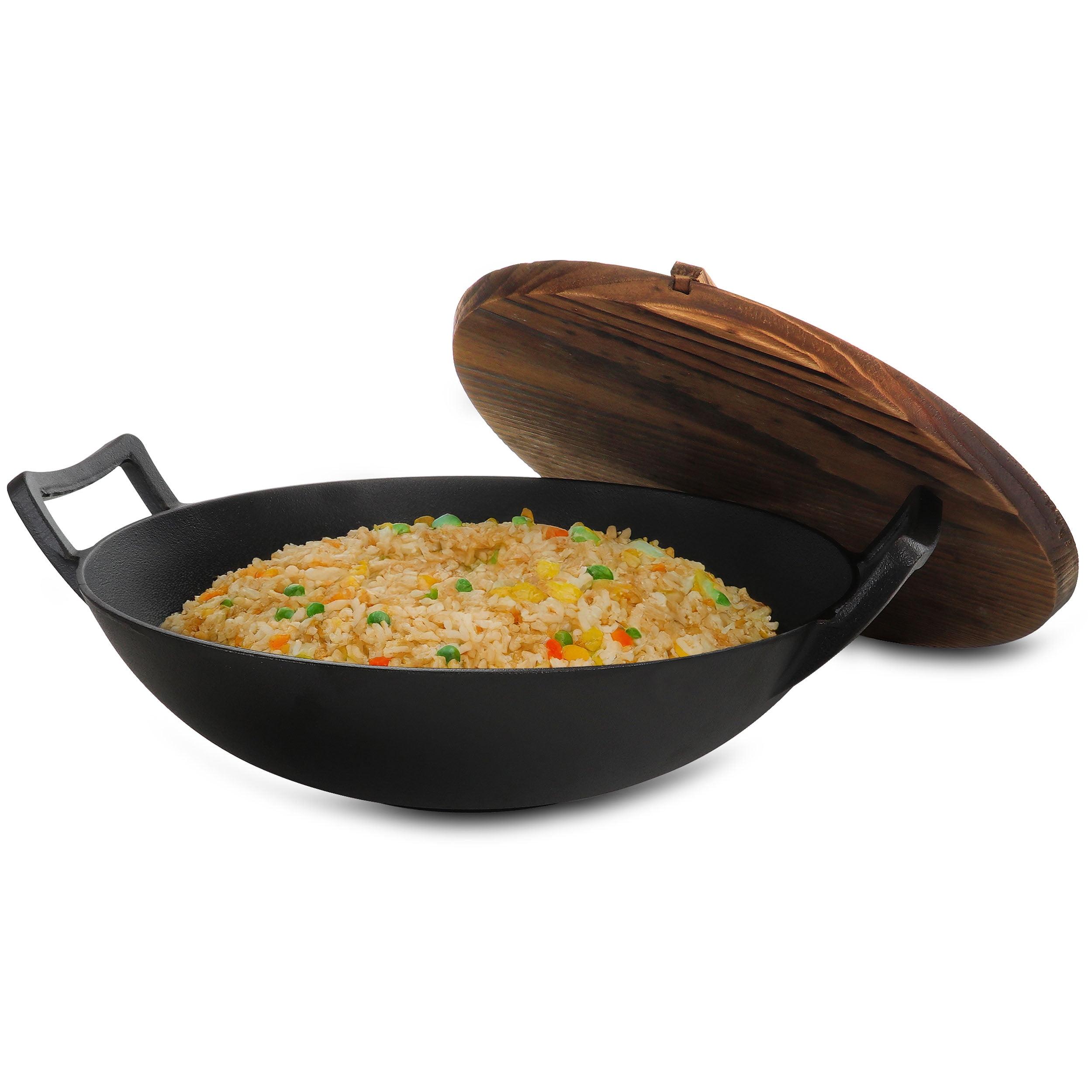 MegaChef 14 Inch Heavy Duty Cast Iron Wok with Wood Lid