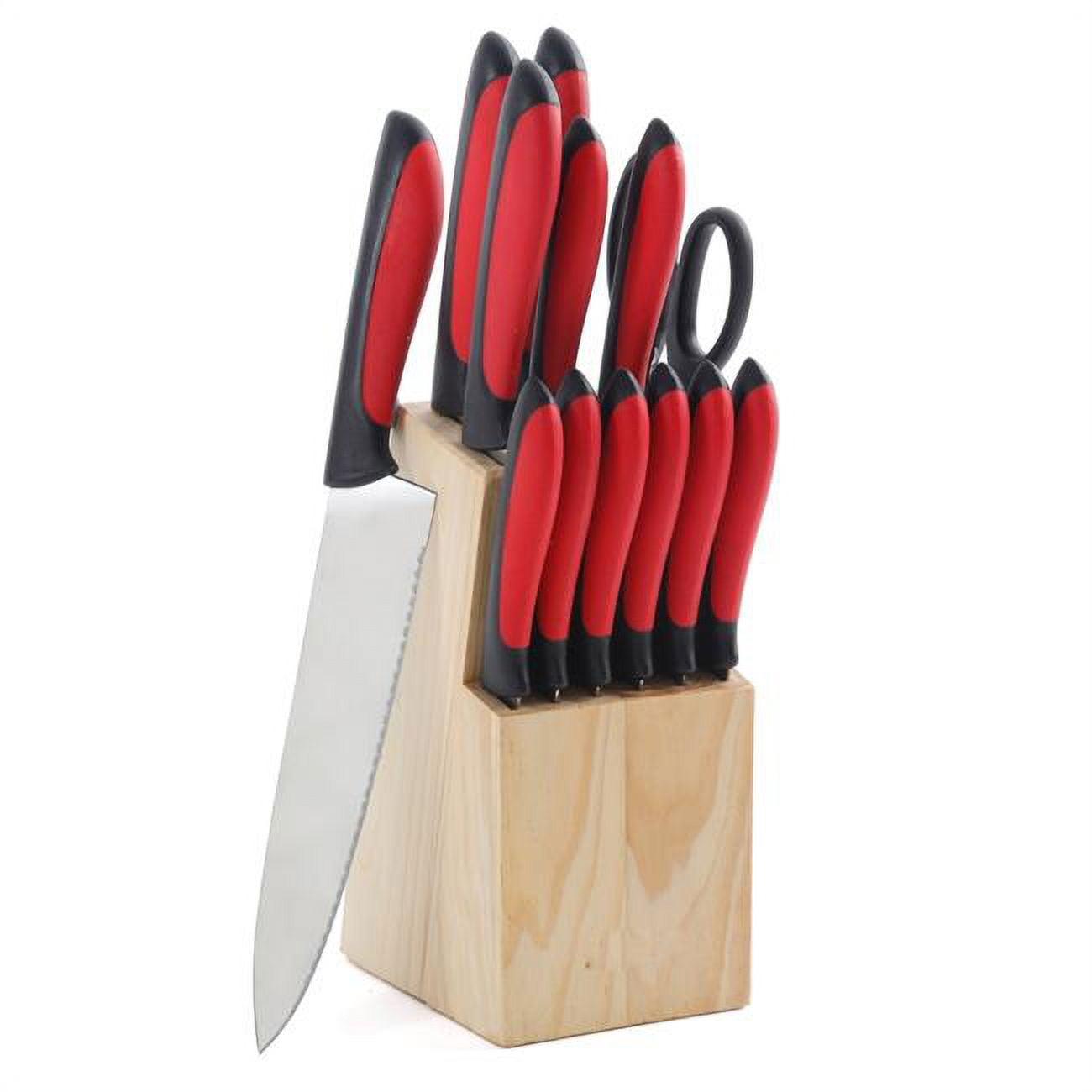 MegaChef 14-Piece Red and Black Stainless Steel Cutlery Set with Wood Block