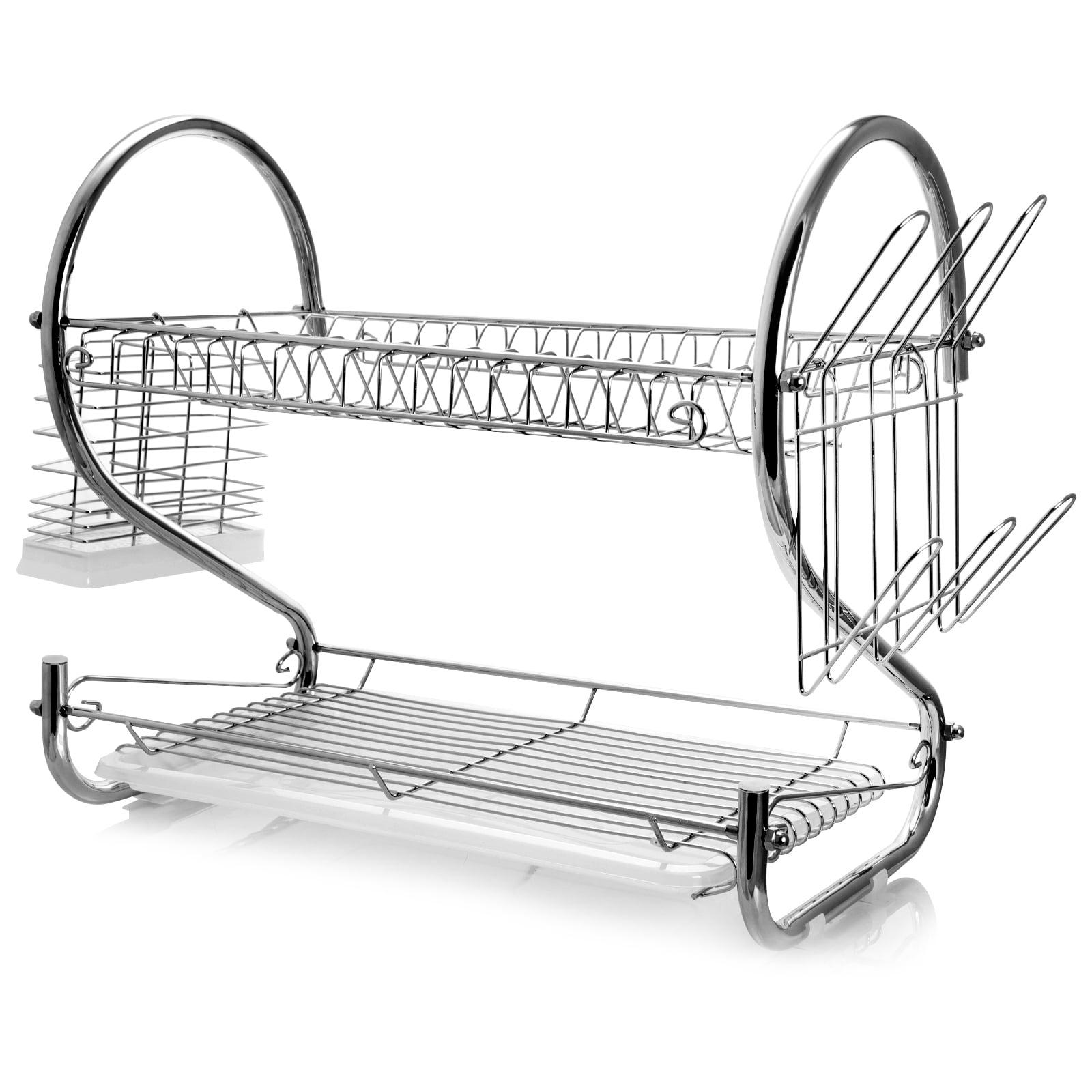 Chrome Two-Tier Metal Dish Rack with Utensil Holder