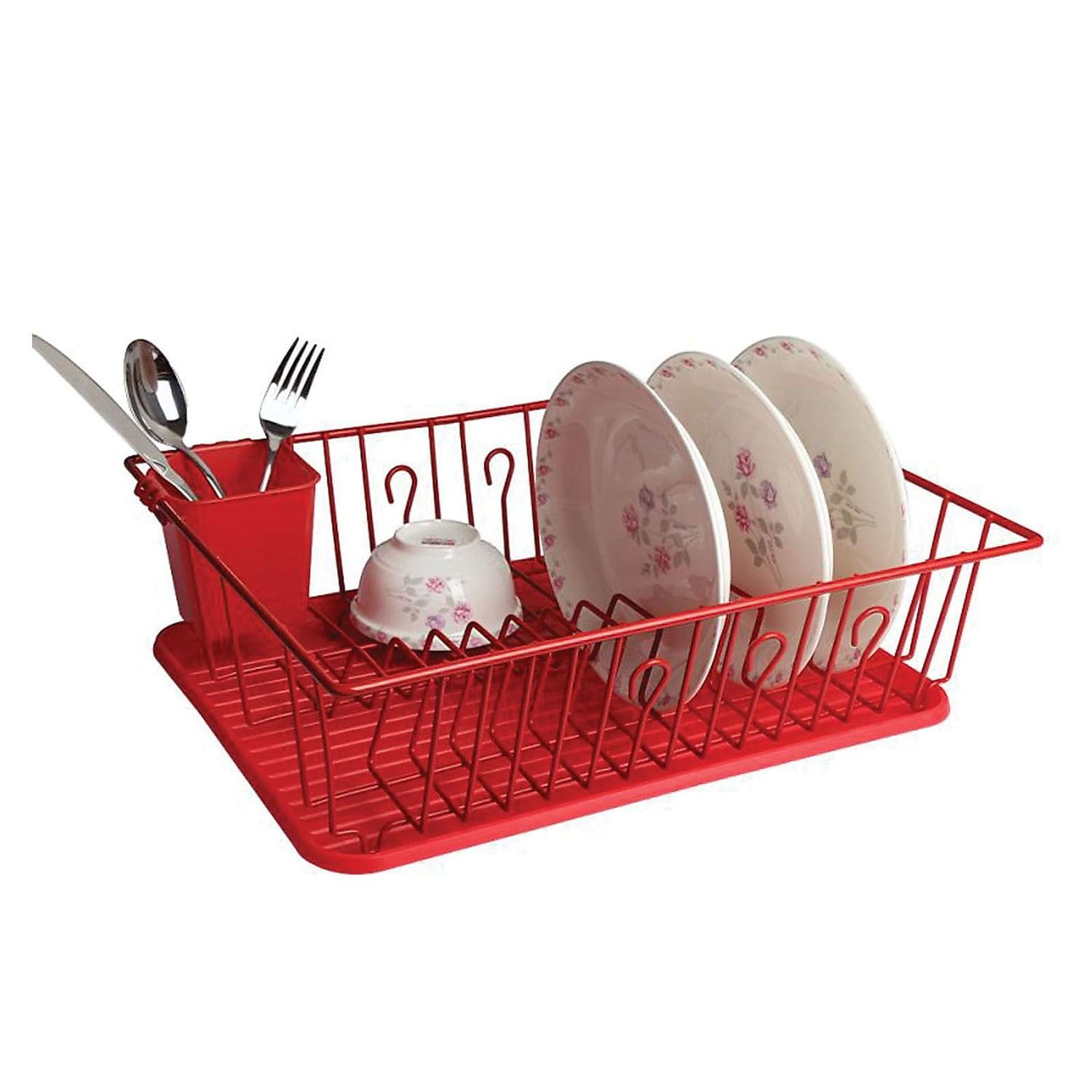 Red Metal Dish Rack with Utensil Cup and Plate Slots