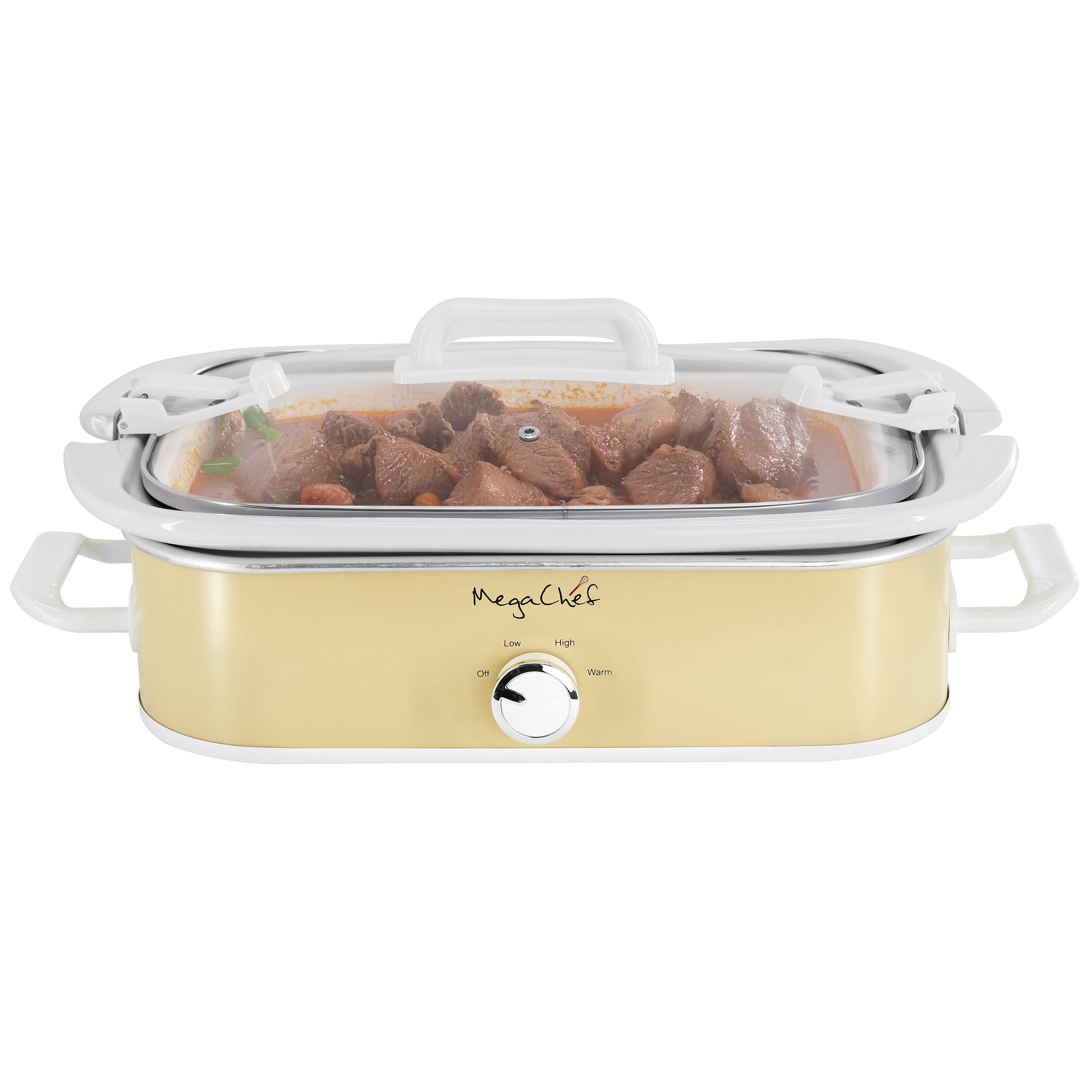 MegaChef 3.5qt Casserole Slow Cooker with 3 Temperature Settings Cream: Stainless Steel, Stoneware, Glass, Dishwasher-Safe Parts