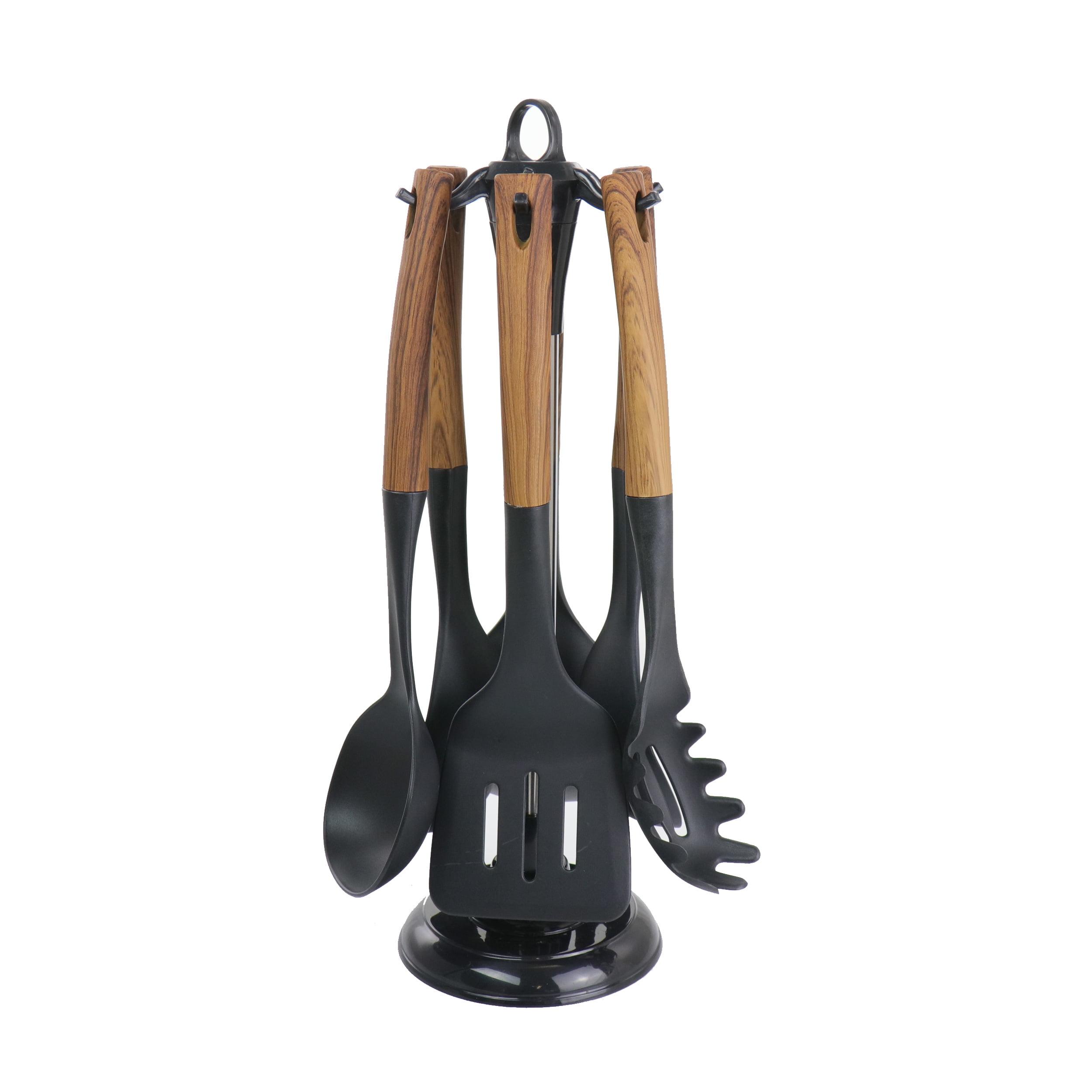 MegaChef 7 Piece Black Nylon Cooking Utensils with Wood Design