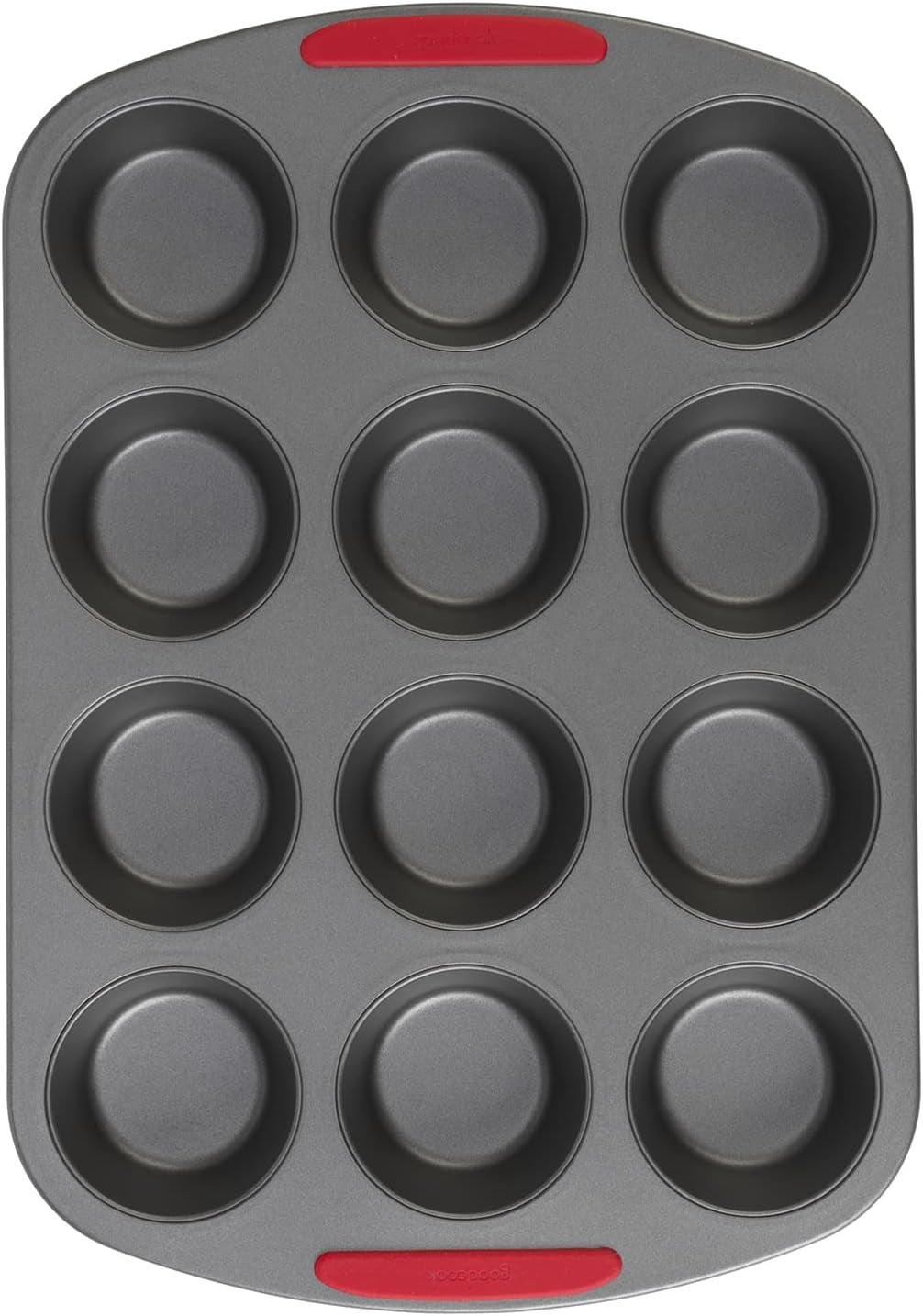 GoodCook MegaGrip 12-Cup Nonstick Steel Cupcake and Muffin Pan with Silicone Grip Handles, Gray