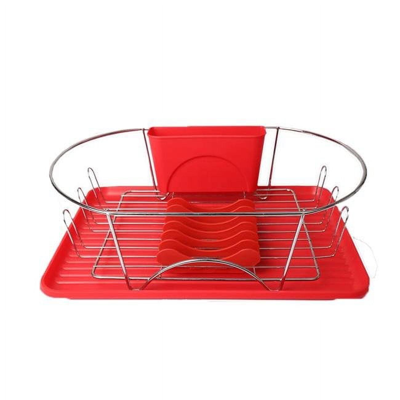 Red and Silver Metal Dish Rack with Utensil Cup