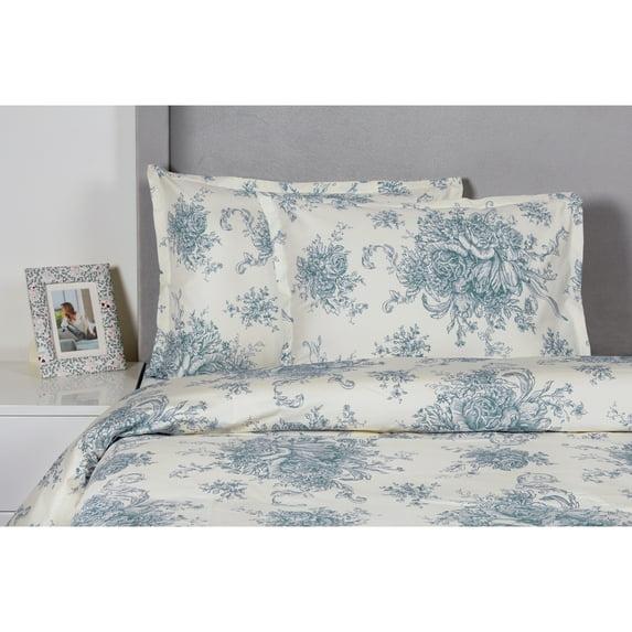 Melange Home Printed Design Cotton Collection 400 Thread Count Light Blue Toile Duvet Set King - Cal King 3 Piece