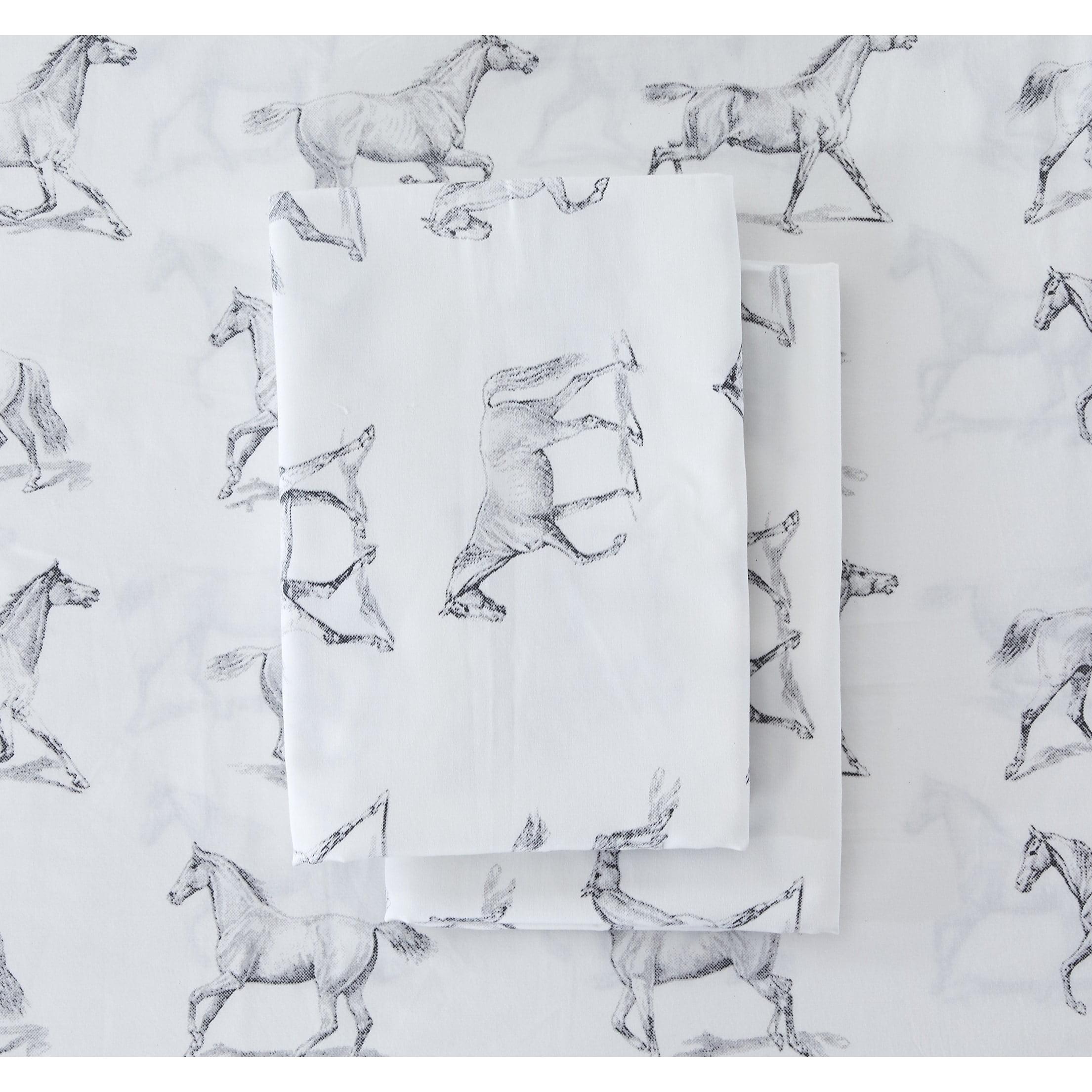 Melange Home Printed Design Cotton Collection 400TC Pleat Horses Bed Sheet Set Twin