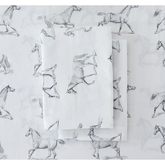 Melange Home Printed Design Cotton Collection 400TC Pleat Horses Bed Sheet Set Twin