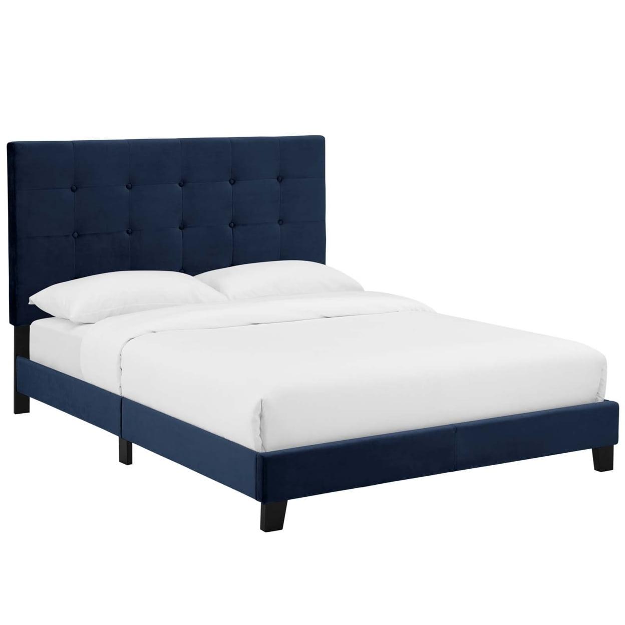 Midnight Blue Velvet Queen Platform Bed with Tufted Headboard