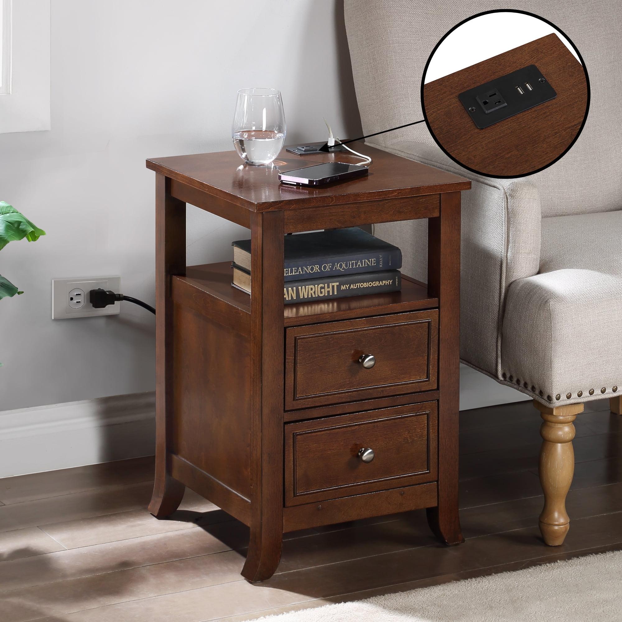 Espresso Wood End Table with Charging Station and Storage