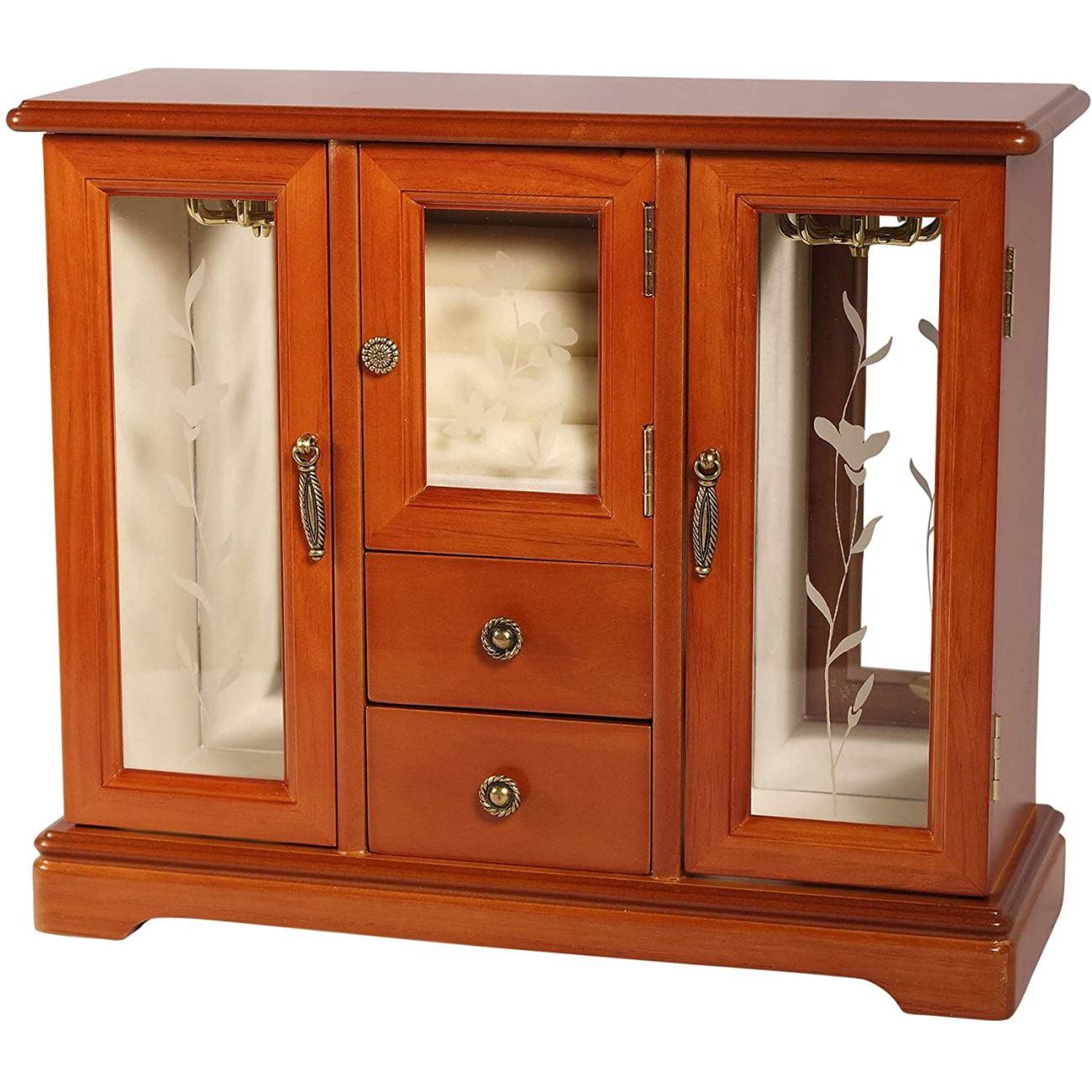 Trina Oak Matte Finish Wooden Jewelry Box with Glass Doors