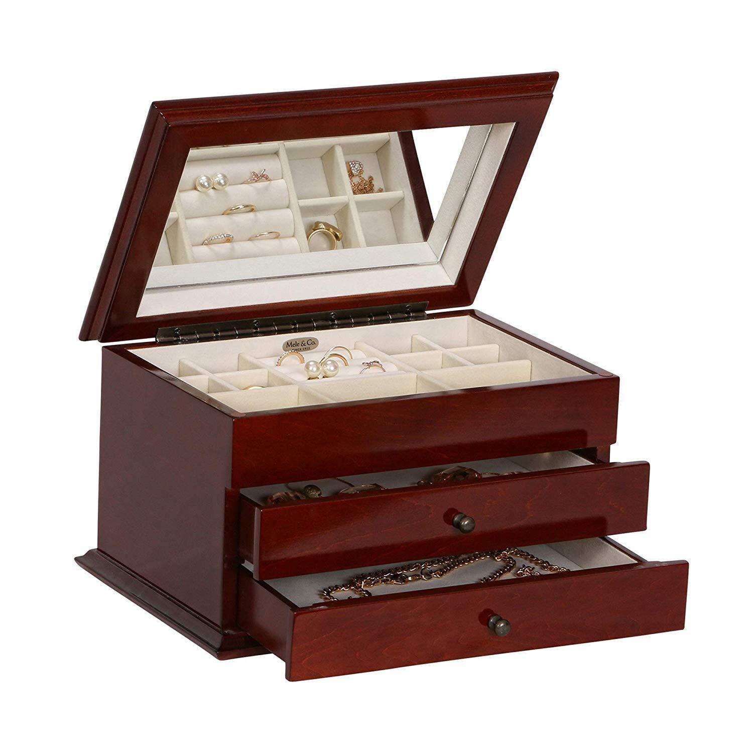 Walnut Floral Inlay Wooden Jewelry Box with Mirror and Drawers