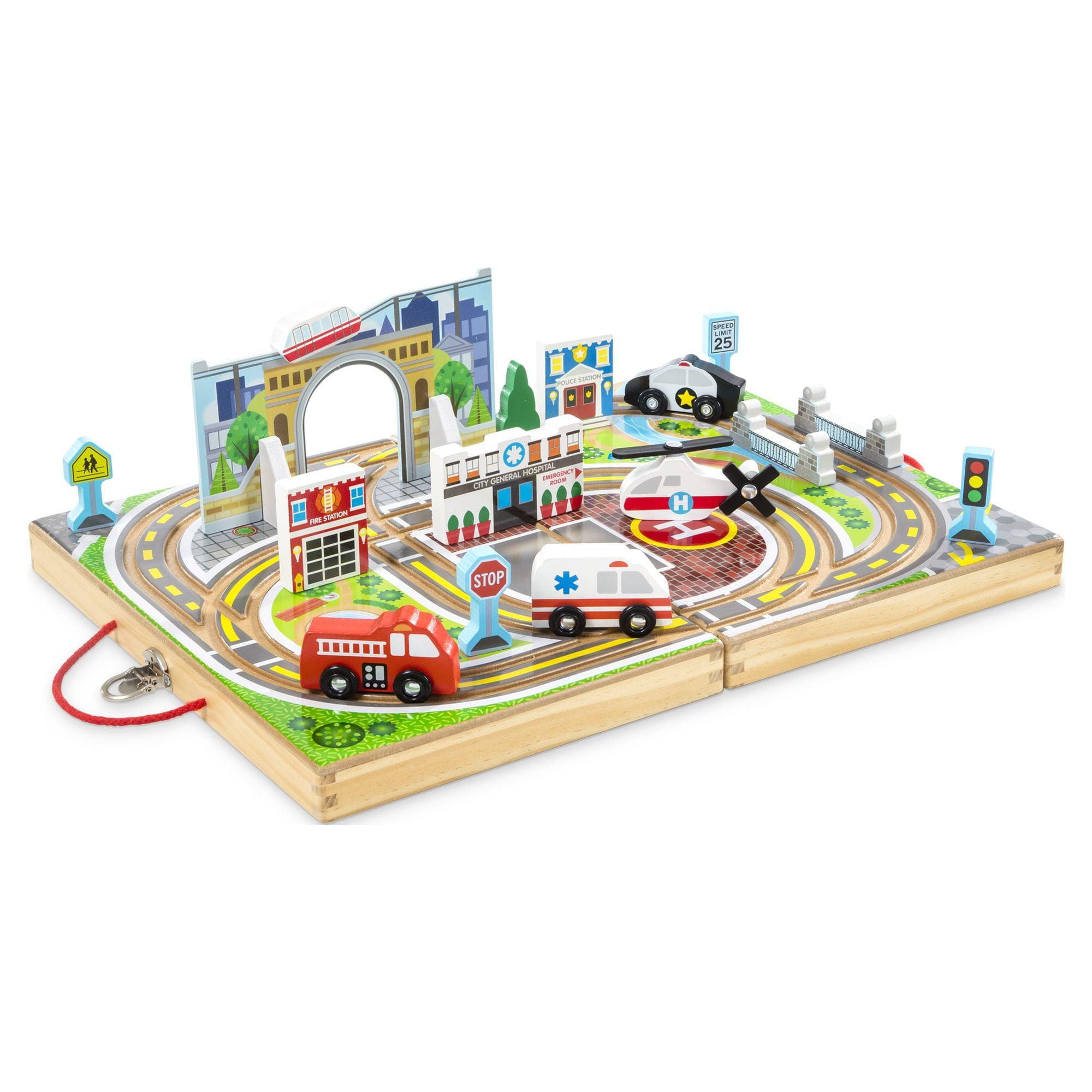 Wooden Town Play Set with Built-In Tracks