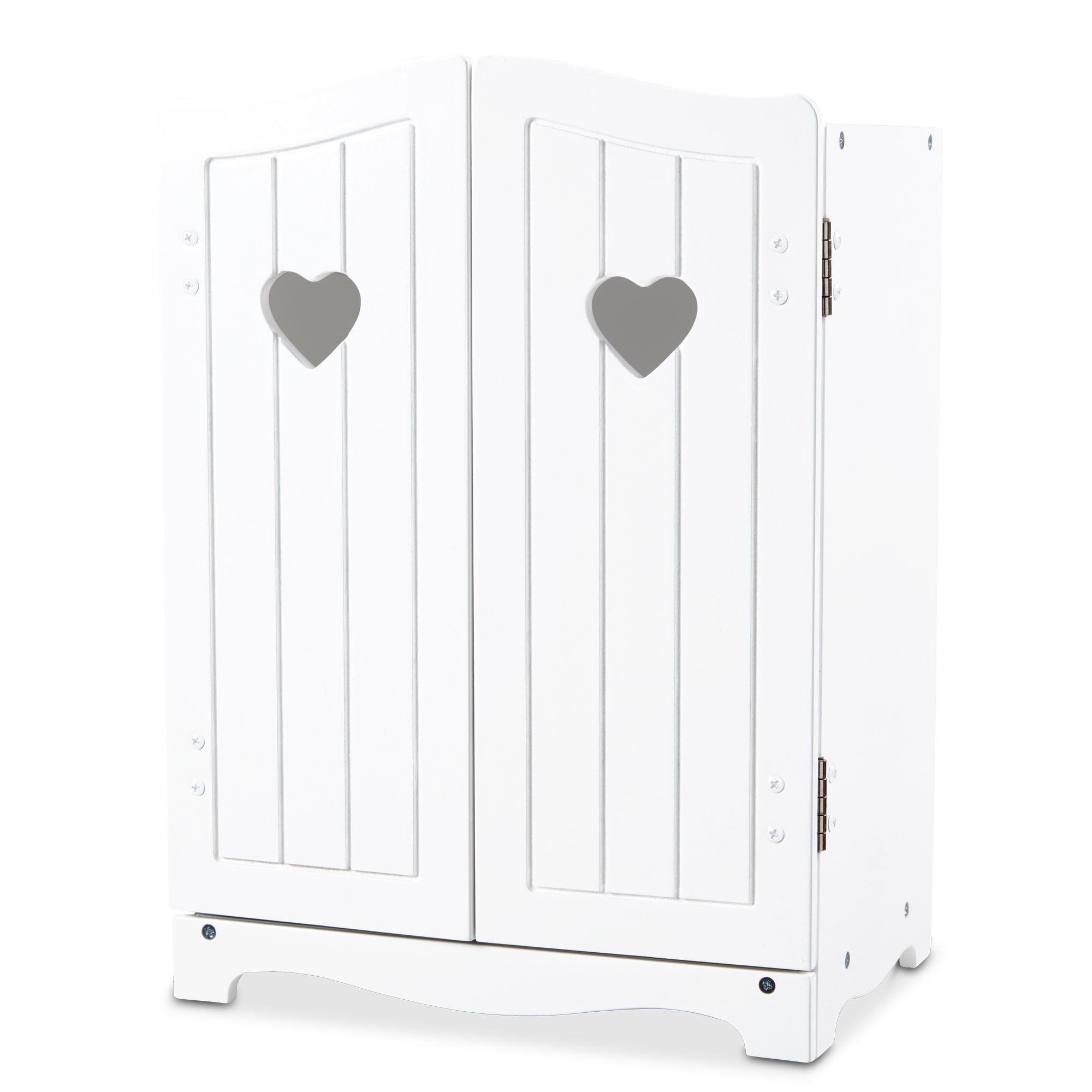 Modern White Wooden Doll Armoire with Shelves and Hangers