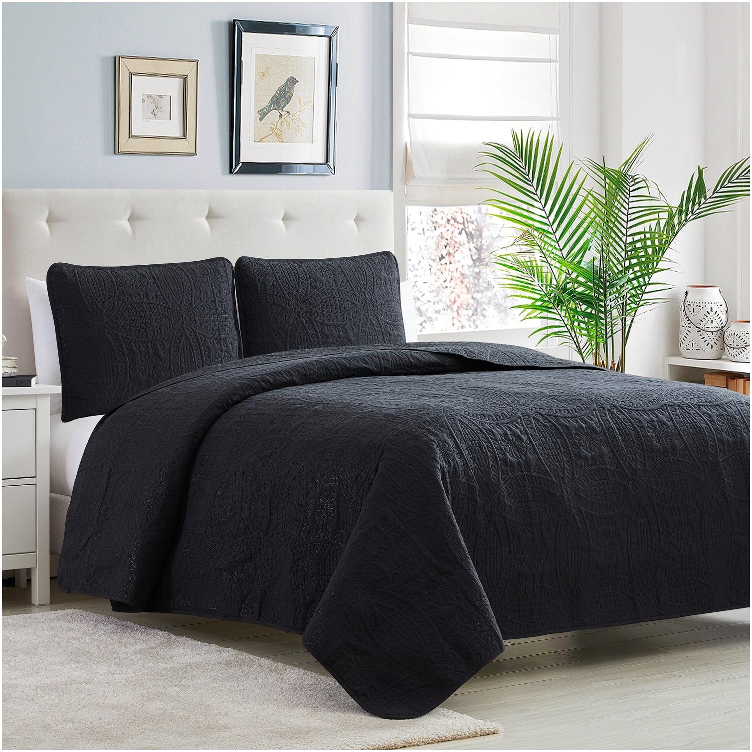 Black Twin/Twin-XL Microfiber Quilted Coverlet Set