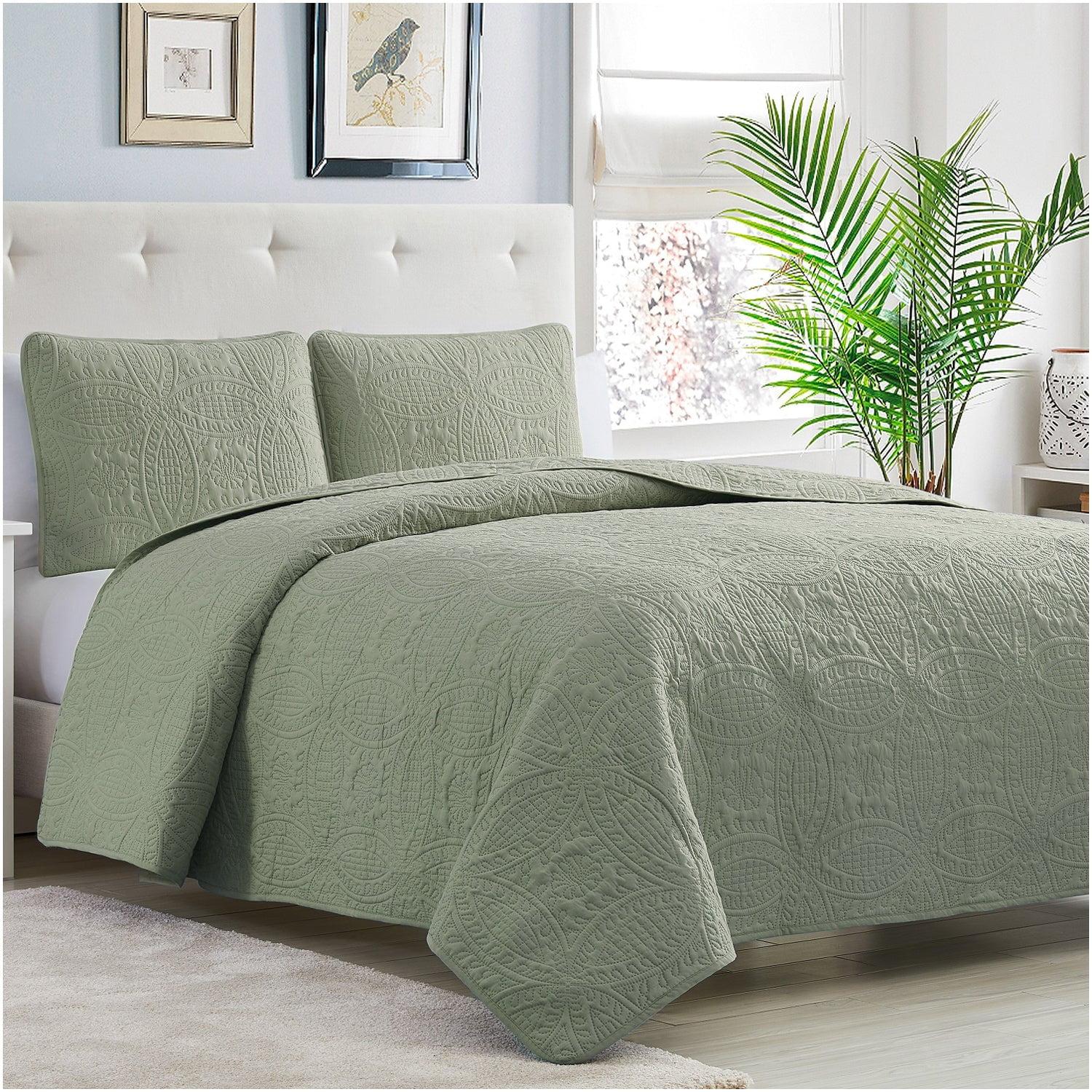 Olive Green Microfiber Reversible Full/Queen Bedspread Set