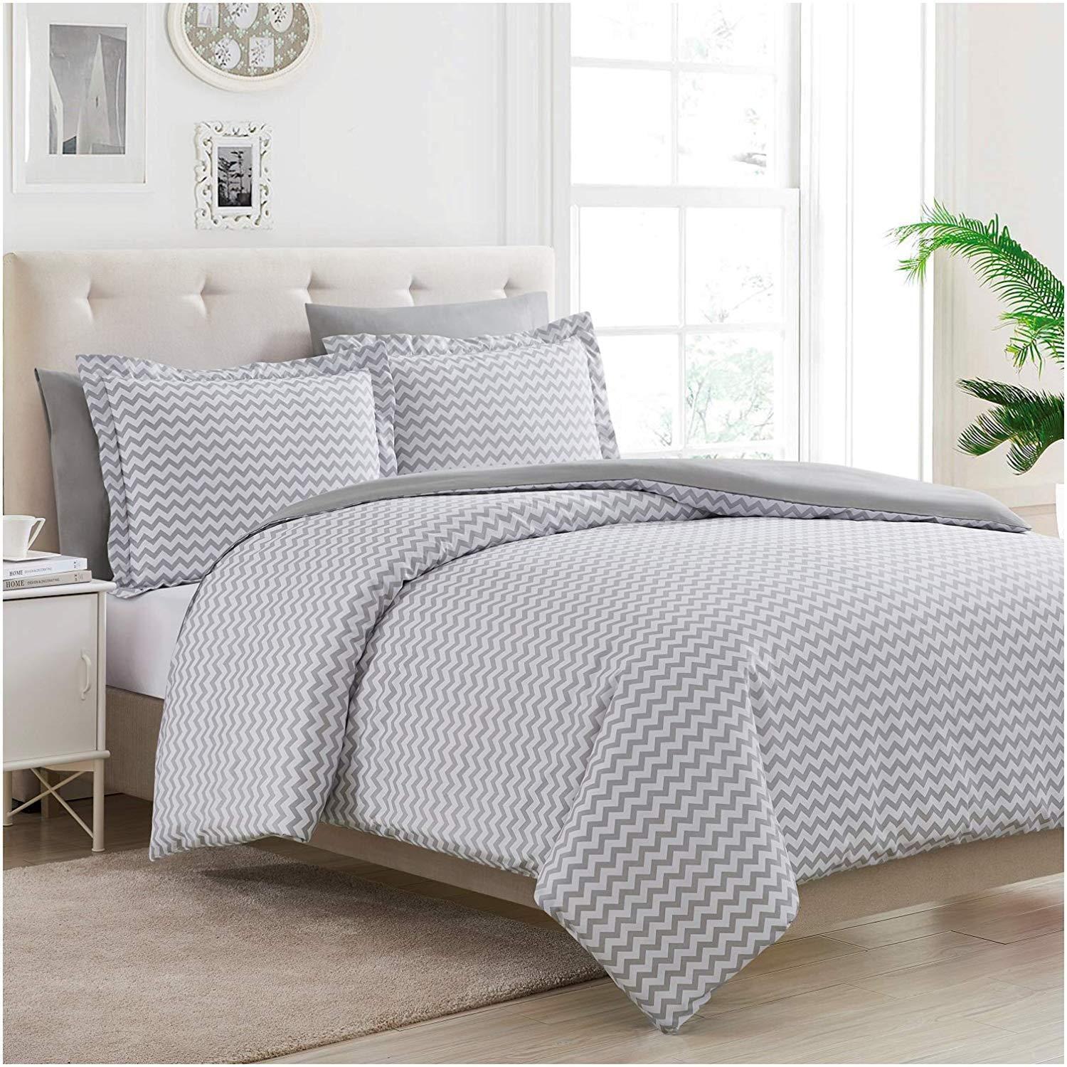 Twin Chevron Gray Microfiber Duvet Cover Set