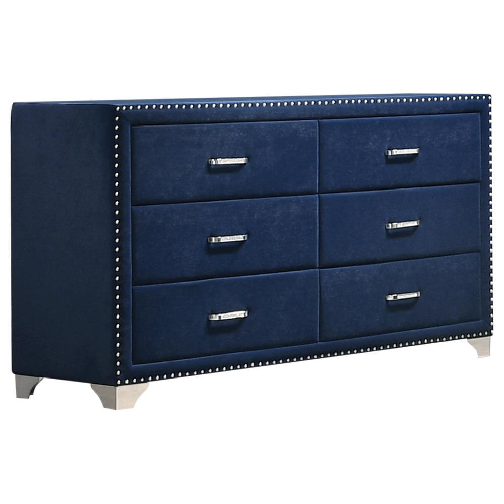 Pacific Blue Velvet 6-Drawer Dresser with Chrome Accents