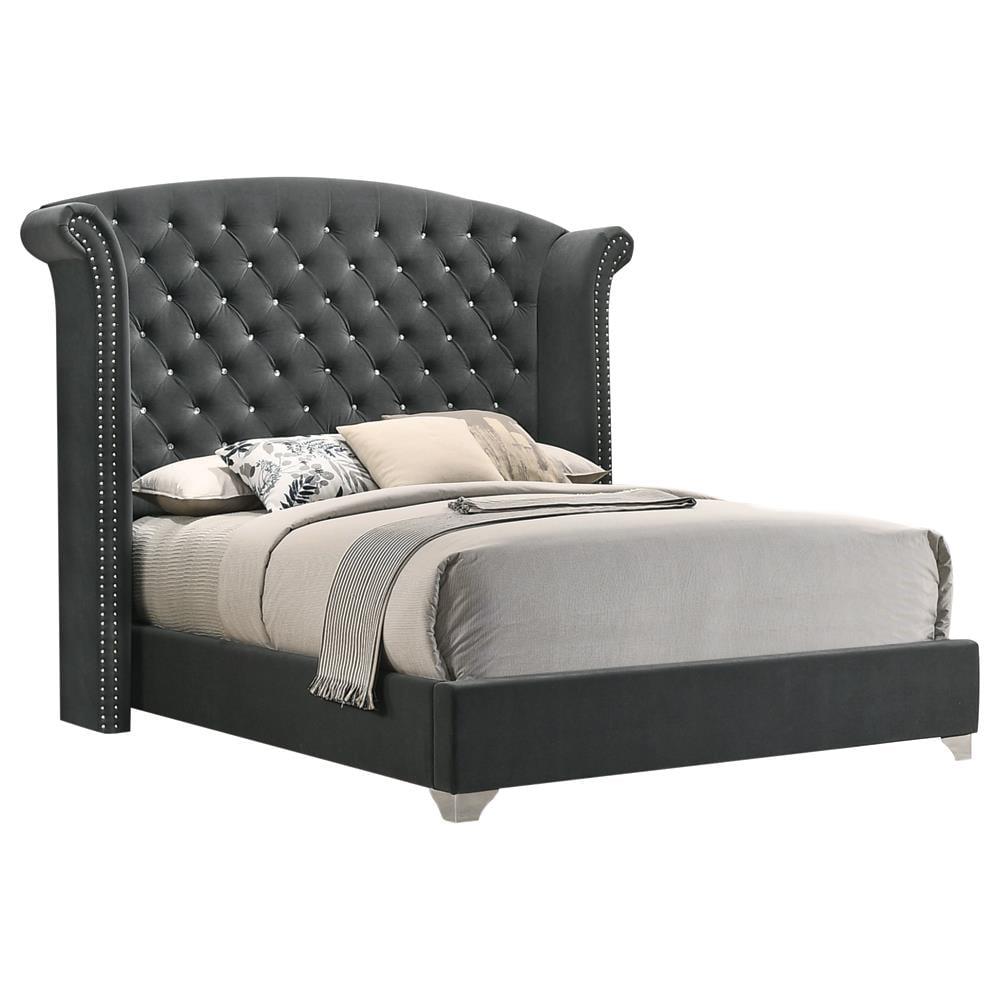 Regal Gray Velvet King Upholstered Bed with Nailhead Trim