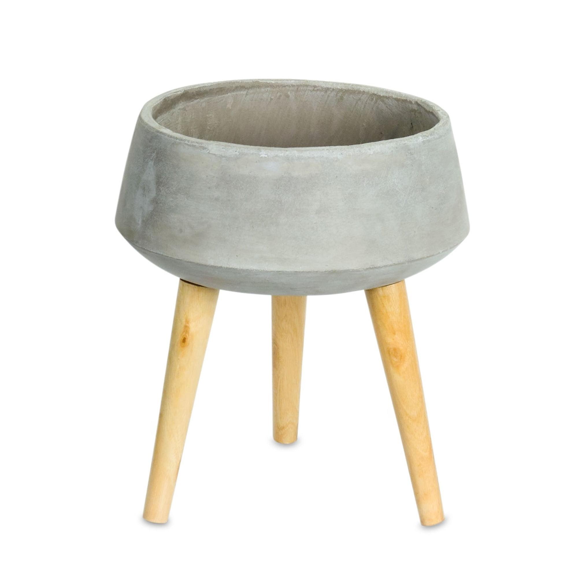 13" Gray Cement Planter with Wooden Legs