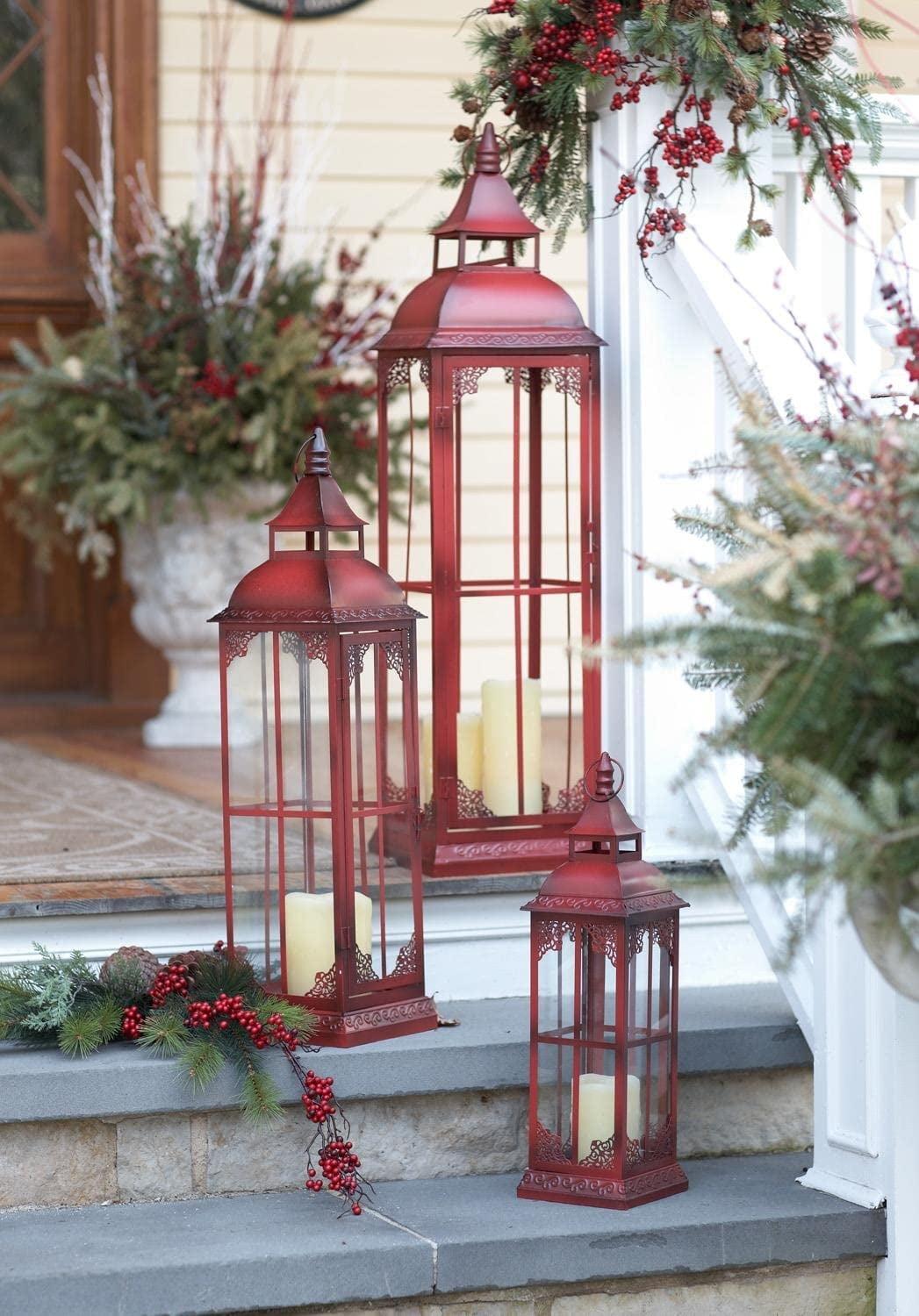 Traditional Red Metal & Glass Christmas Lantern Trio - 37" Hanging Set