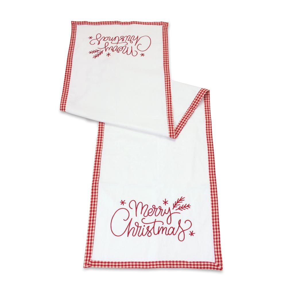 Merry Christmas Red and White Embroidered Cotton Table Runner