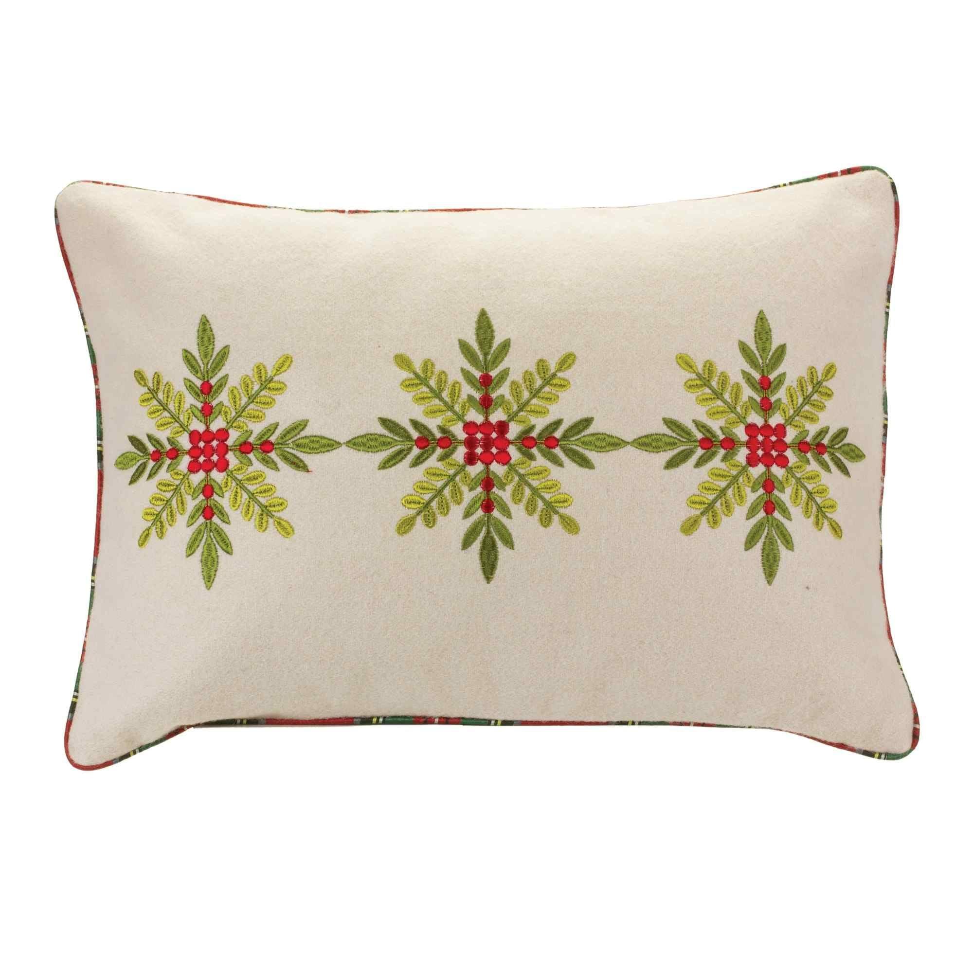 Beige and Green Embroidered Snowflake Holiday Throw Pillow