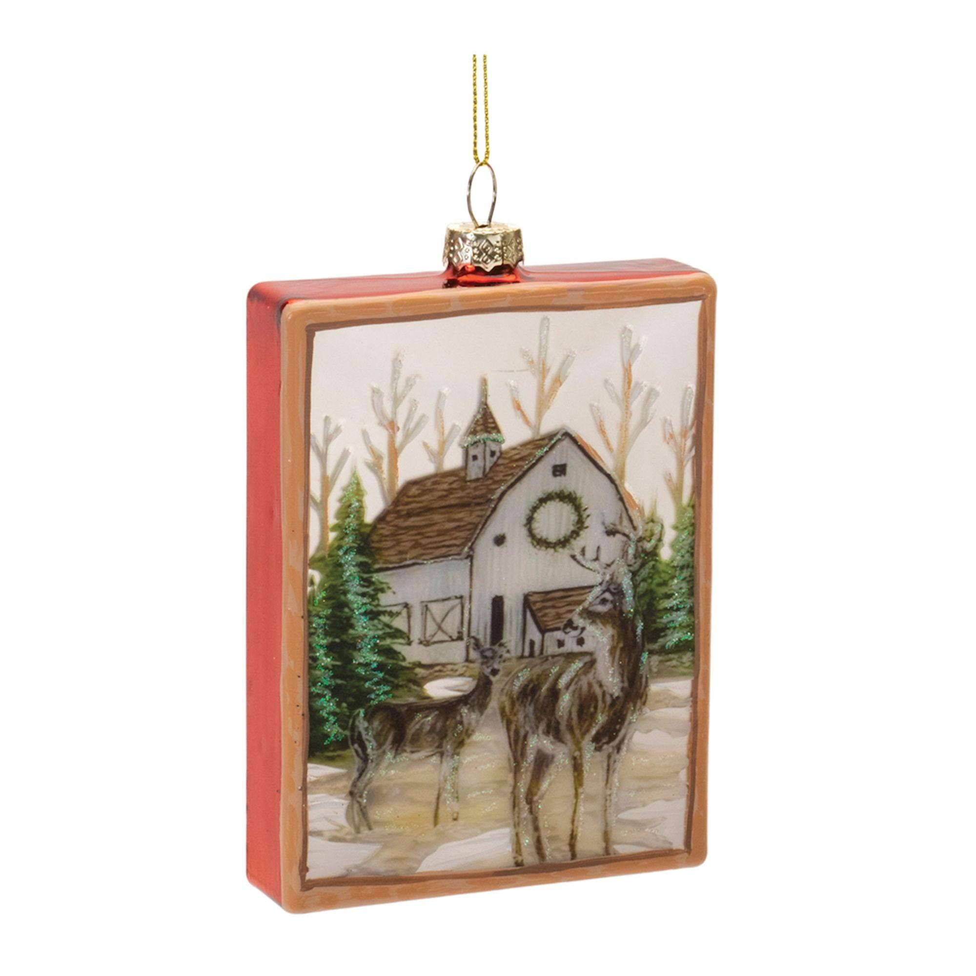 Rustic Farmhouse Deer Scene Glass Ornament Set